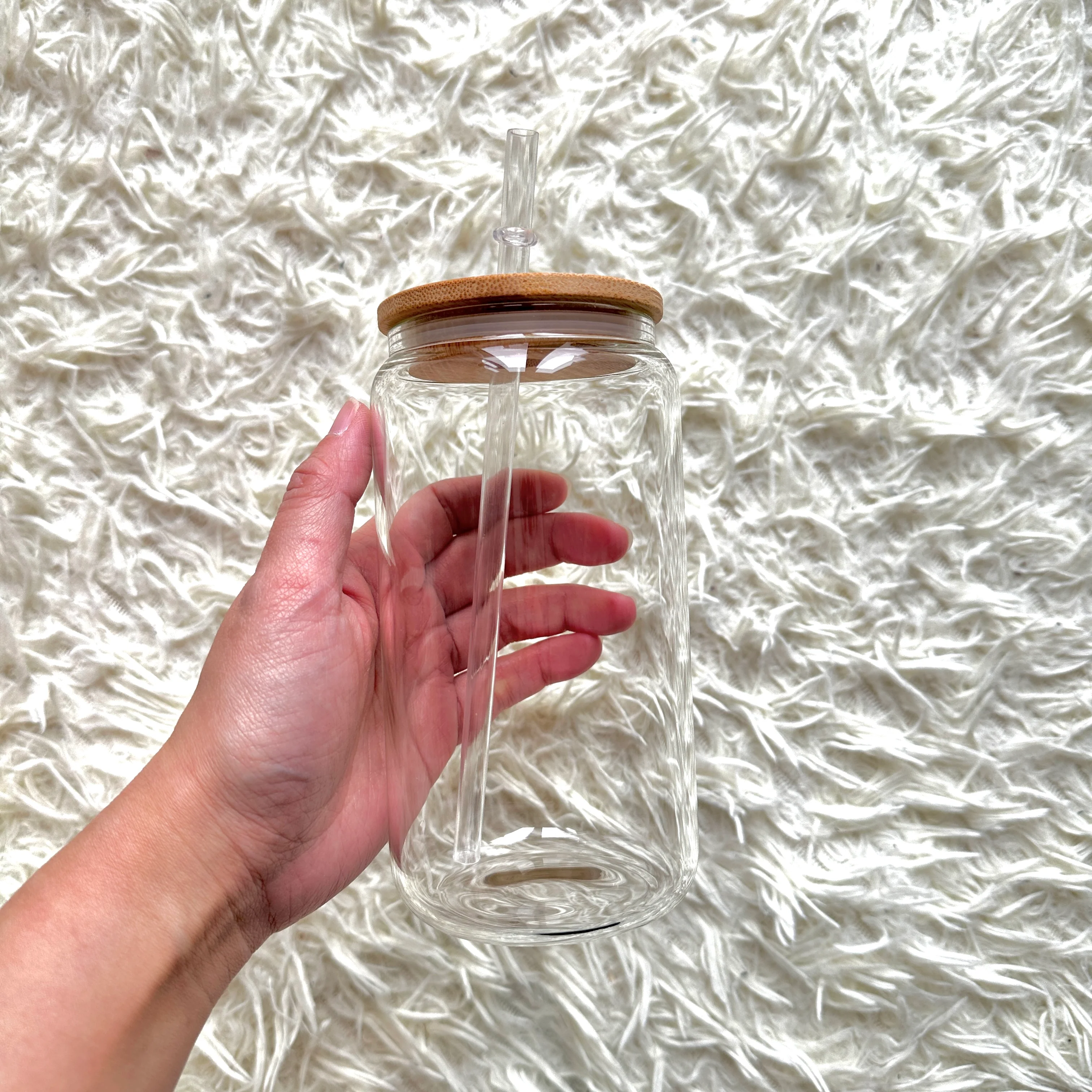 16oz Beer Glass Cup Clear with bamboo lid and plastic straw Libbey