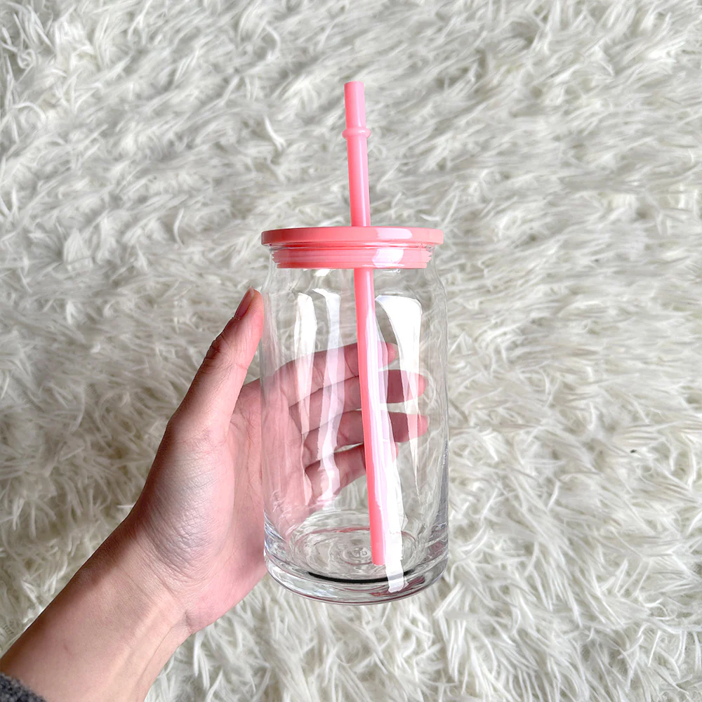 16oz Beer Glass Cup Clear with coloured plastic lid and plastic straw Libbey, white - pink - blue - lilac - yellow - green - red - Image 11