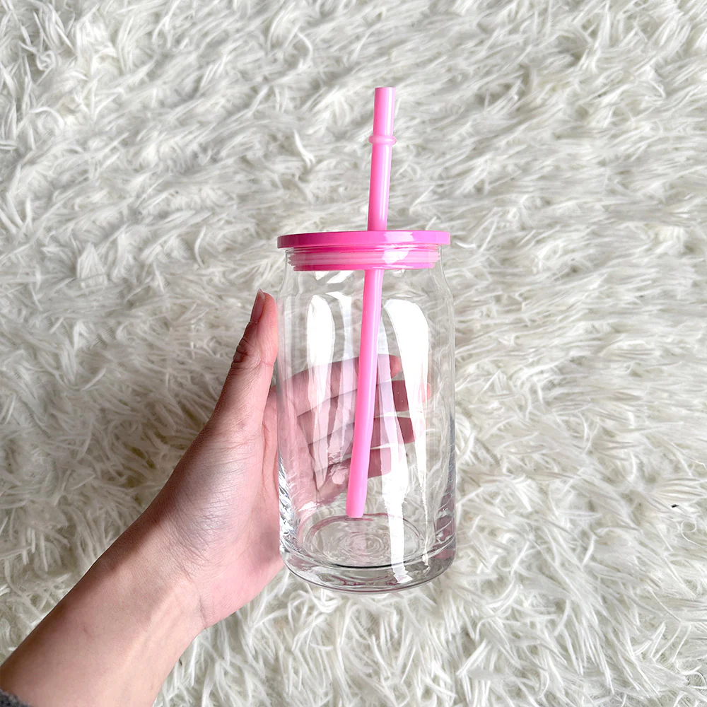 16oz Beer Glass Cup Clear with coloured plastic lid and plastic straw Libbey, white - pink - blue - lilac - yellow - green - red - Image 14