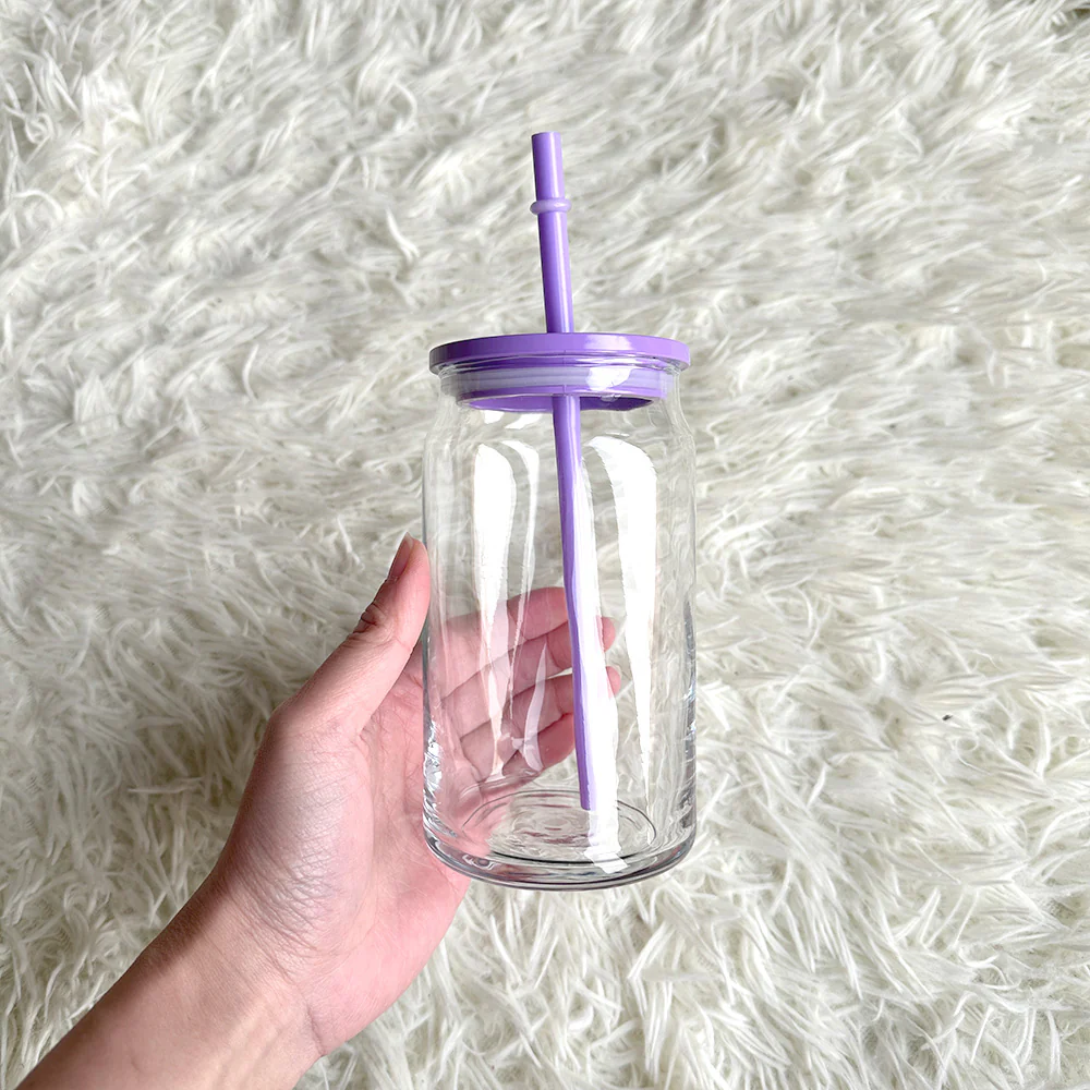 16oz Beer Glass Cup Clear with coloured plastic lid and plastic straw Libbey, white - pink - blue - lilac - yellow - green - red - Image 15