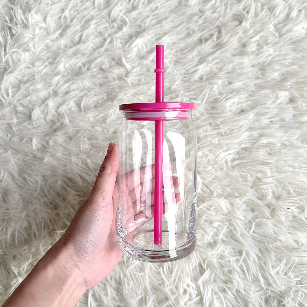 16oz Beer Glass Cup Clear with coloured plastic lid and plastic straw Libbey, white - pink - blue - lilac - yellow - green - red - Image 16