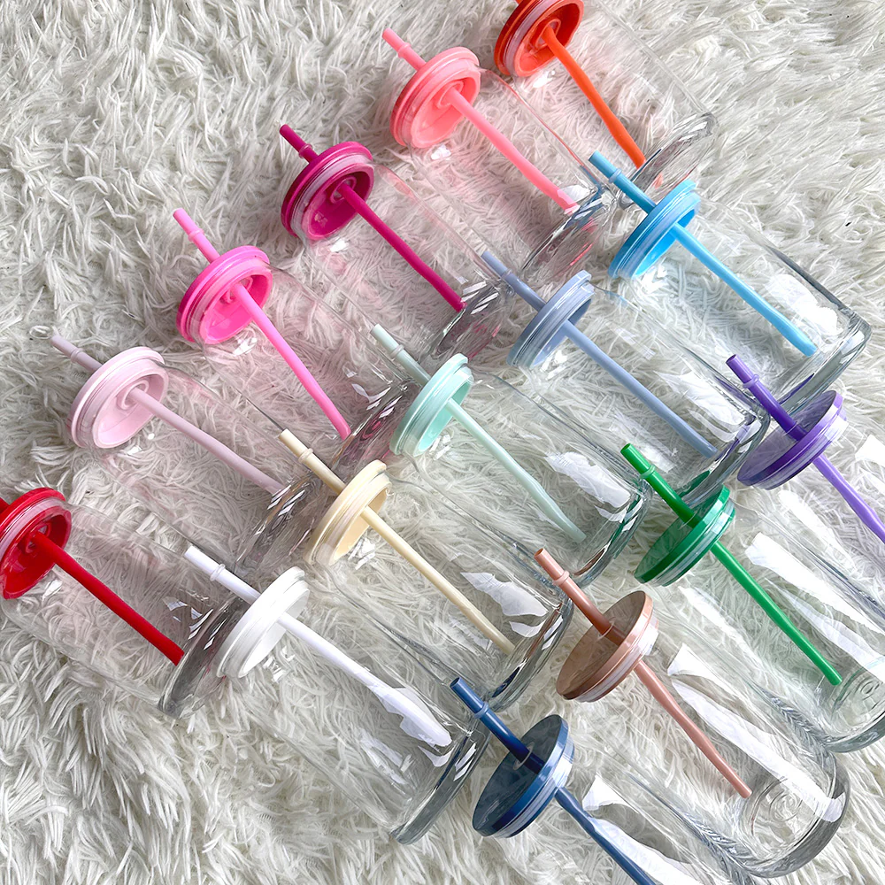 16oz Beer Glass Cup Clear with coloured plastic lid and plastic straw Libbey, white - pink - blue - lilac - yellow - green - red - Image 2