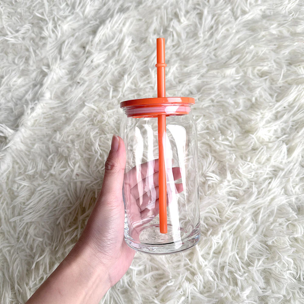16oz Beer Glass Cup Clear with coloured plastic lid and plastic straw Libbey, white - pink - blue - lilac - yellow - green - red - Image 4