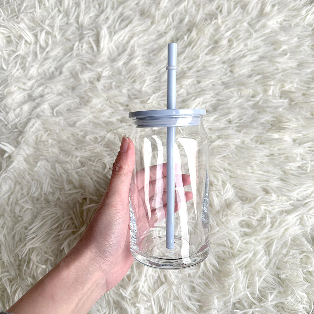 16oz Beer Glass Cup Clear with coloured plastic lid and plastic straw Libbey, white - pink - blue - lilac - yellow - green - red - Image 5