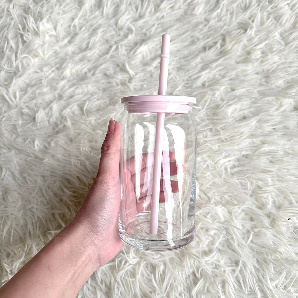 16oz Beer Glass Cup Clear with coloured plastic lid and plastic straw Libbey, white - pink - blue - lilac - yellow - green - red - Image 6