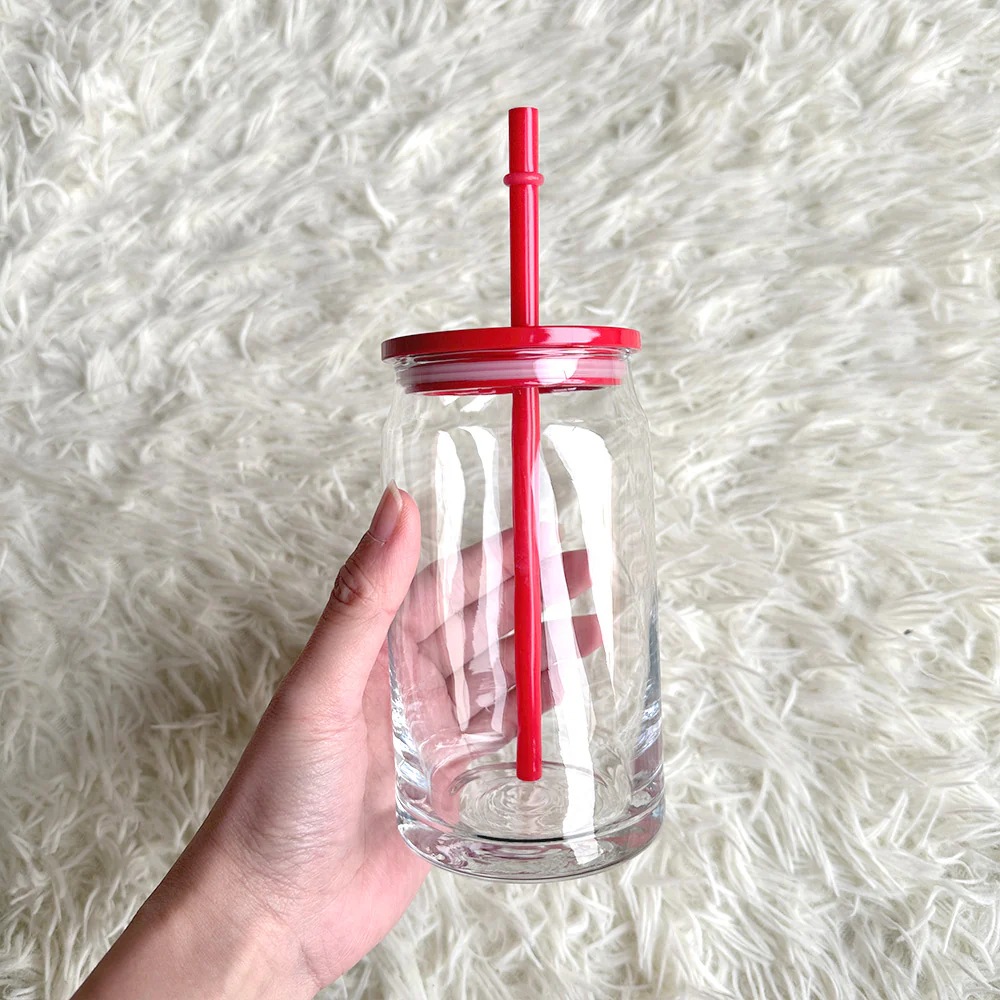 16oz Beer Glass Cup Clear with coloured plastic lid and plastic straw Libbey, white - pink - blue - lilac - yellow - green - red - Image 8
