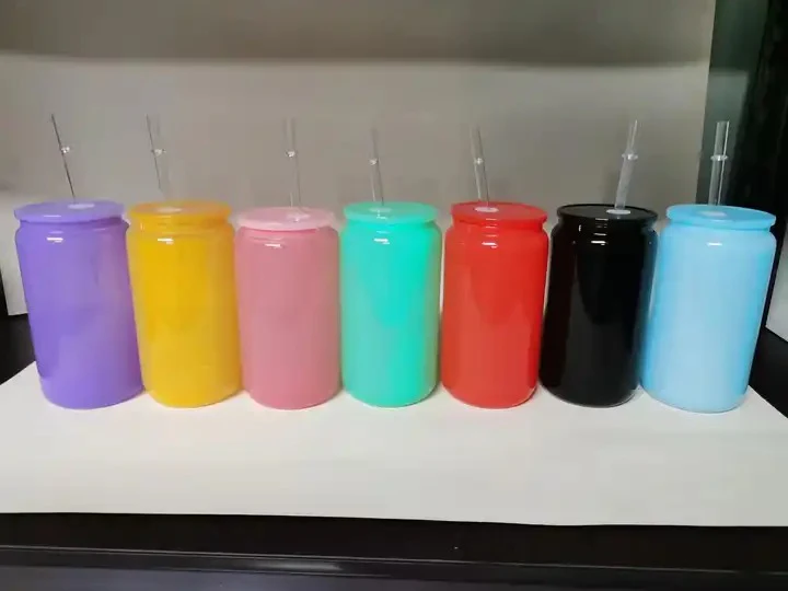16oz Beer Glass Cup Clear coloured with plastic lid and plastic straw Libbey , Black - pink - blue - lilac - yellow - green - red - Image 2