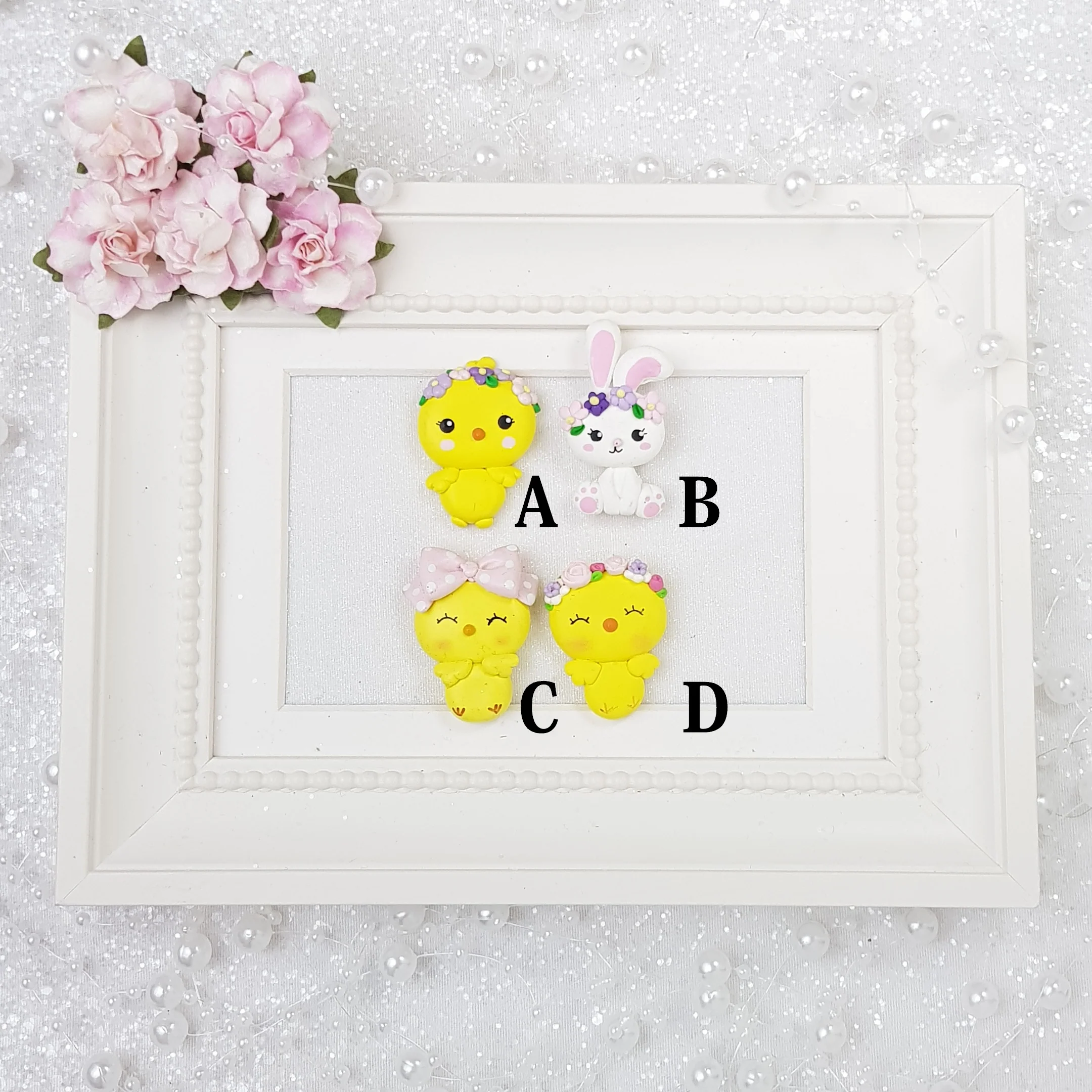 Adorable Easter Chick and Bunny - Handmade Flatback Clay Bow Centre