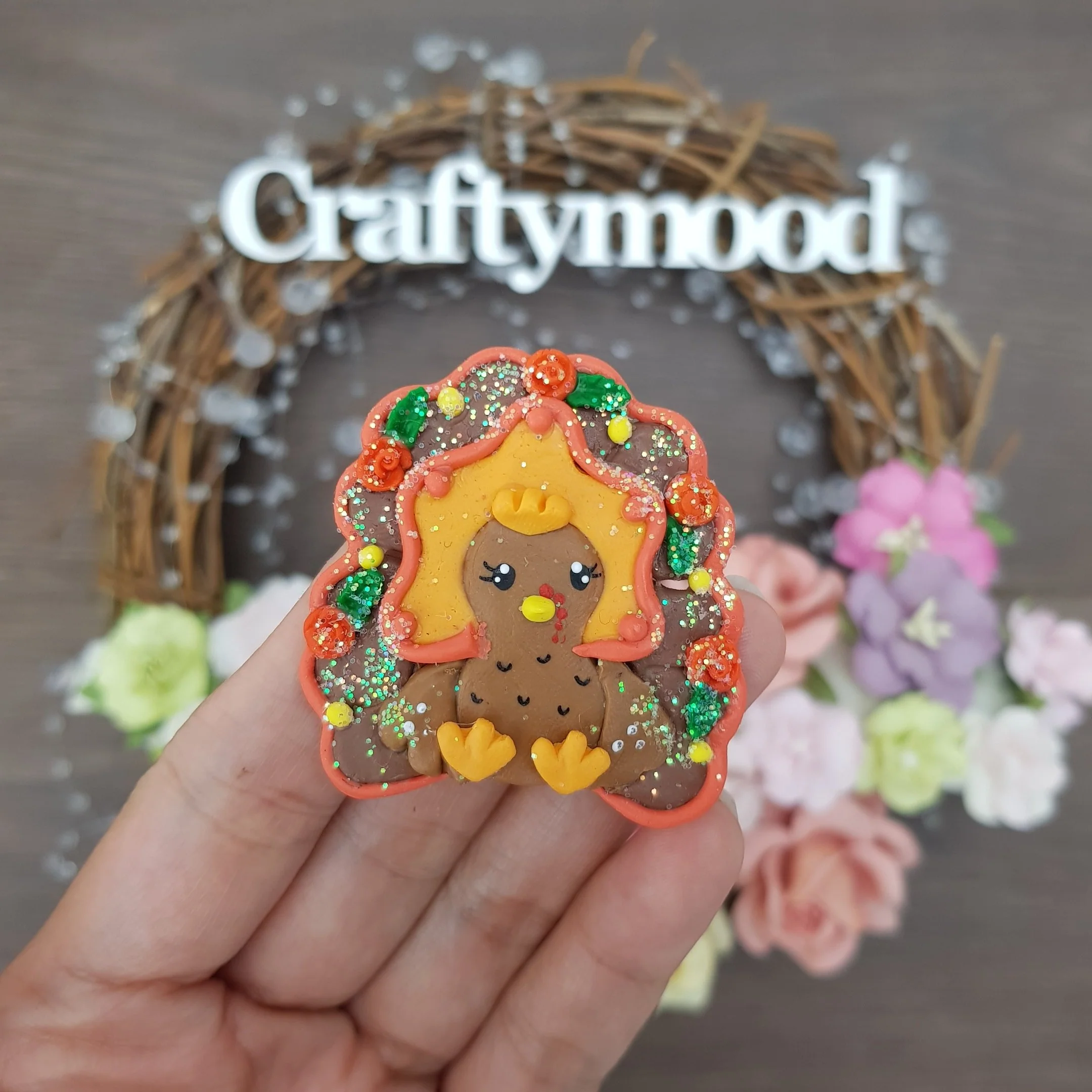Autumn turkey thanksgiving - Handmade Flatback Clay Bow Centre