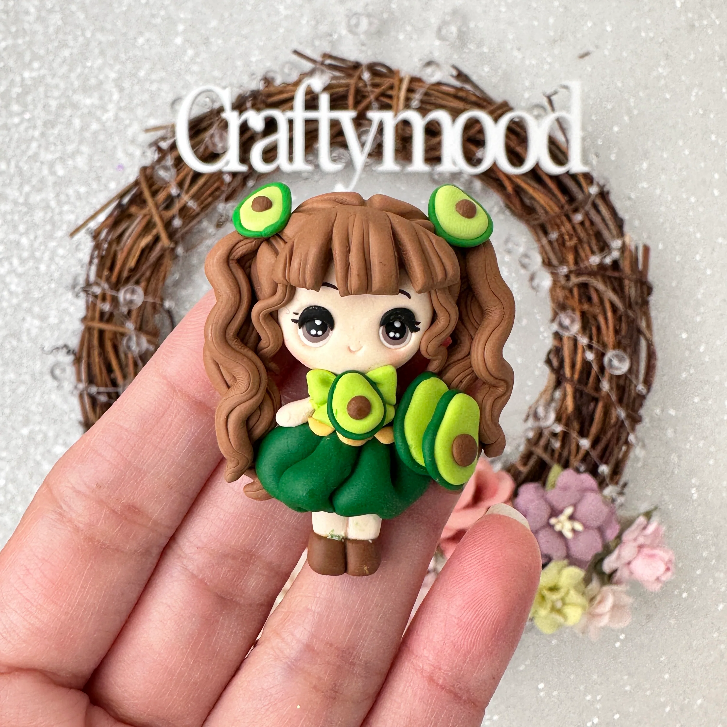 Avocado girl  - Handmade Flatback Clay Bow Centre