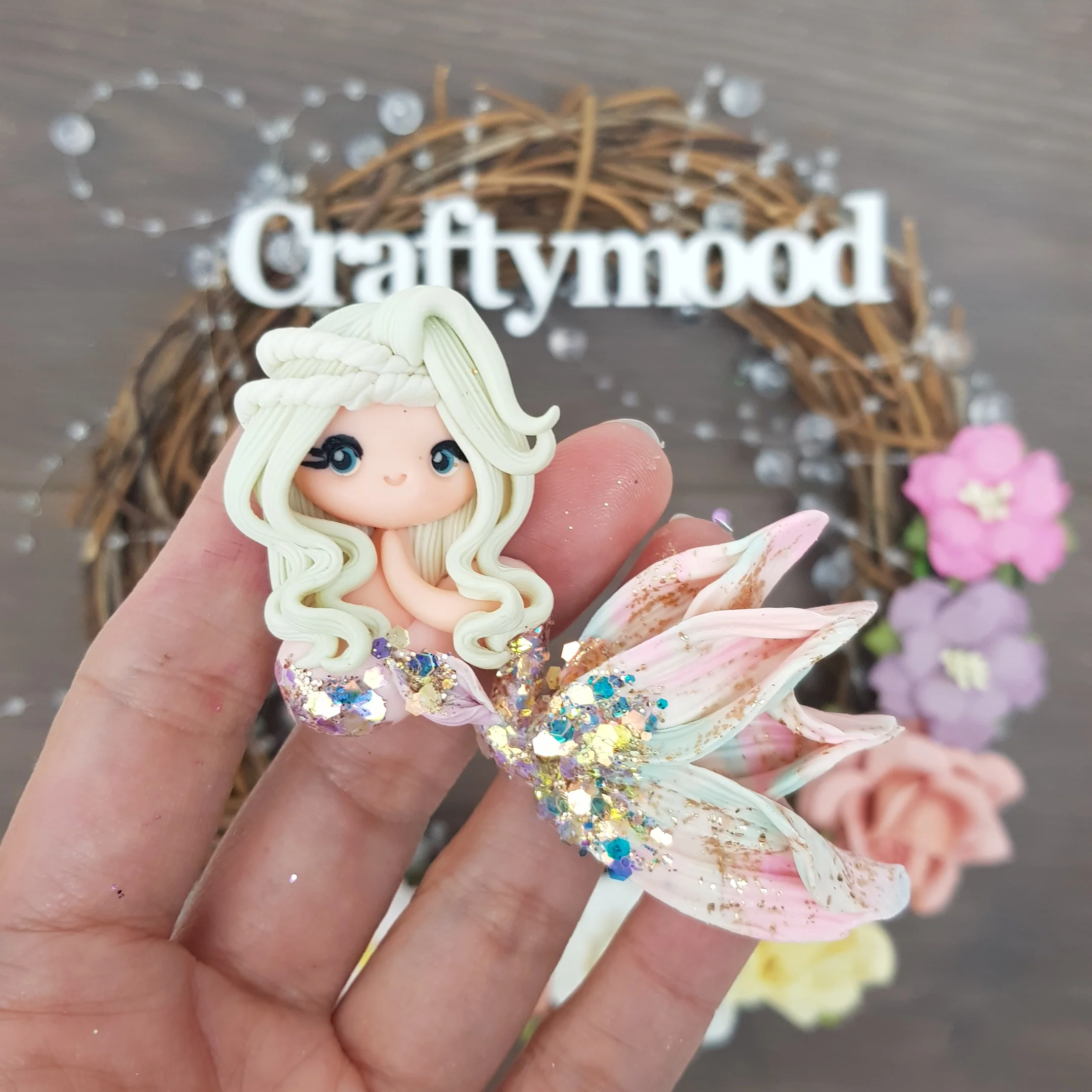 Beautiful mermaid pink purple spark - Embellishment Clay Bow Centre