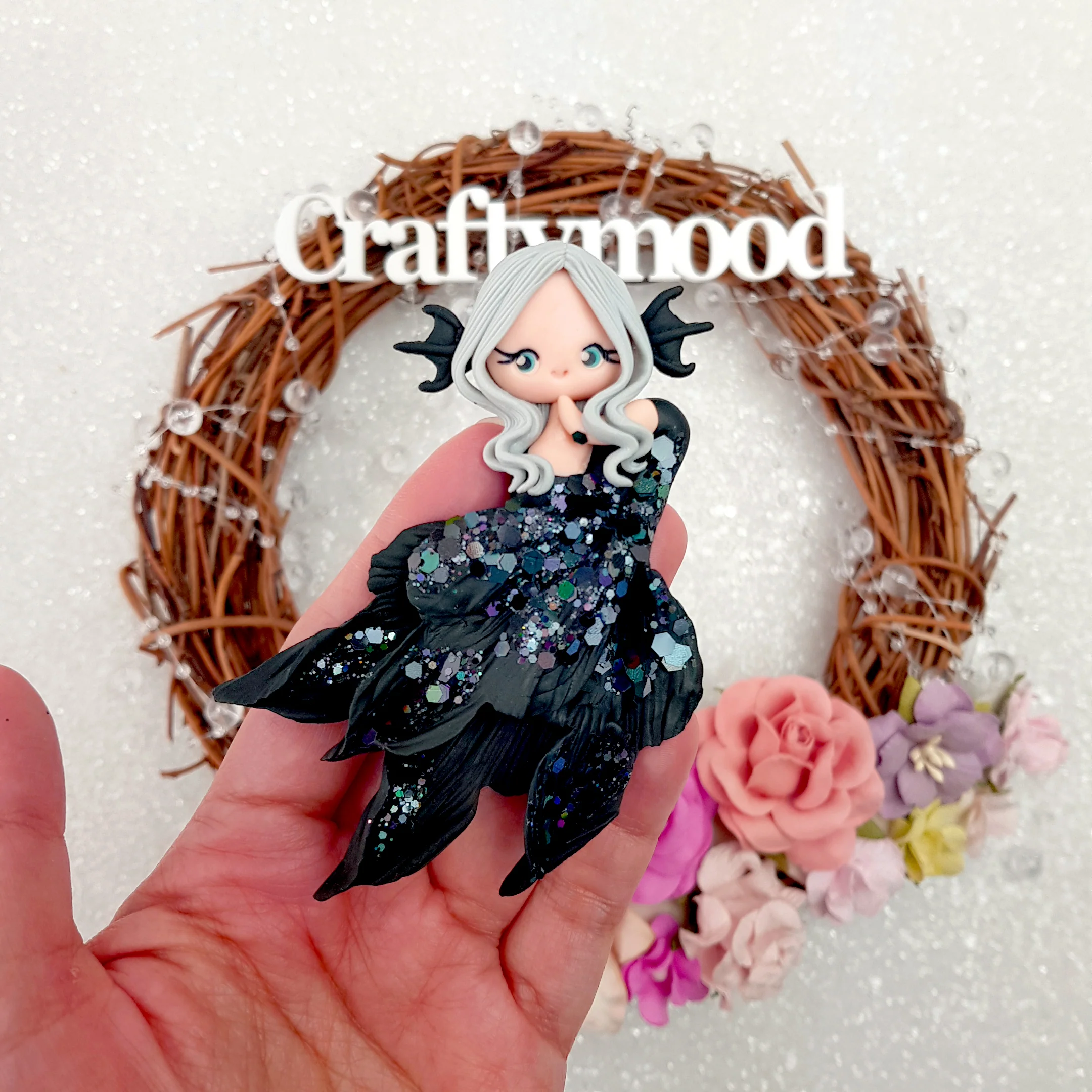 Beautiful mermaid siren black grey -  Embellishment Clay Bow Centre