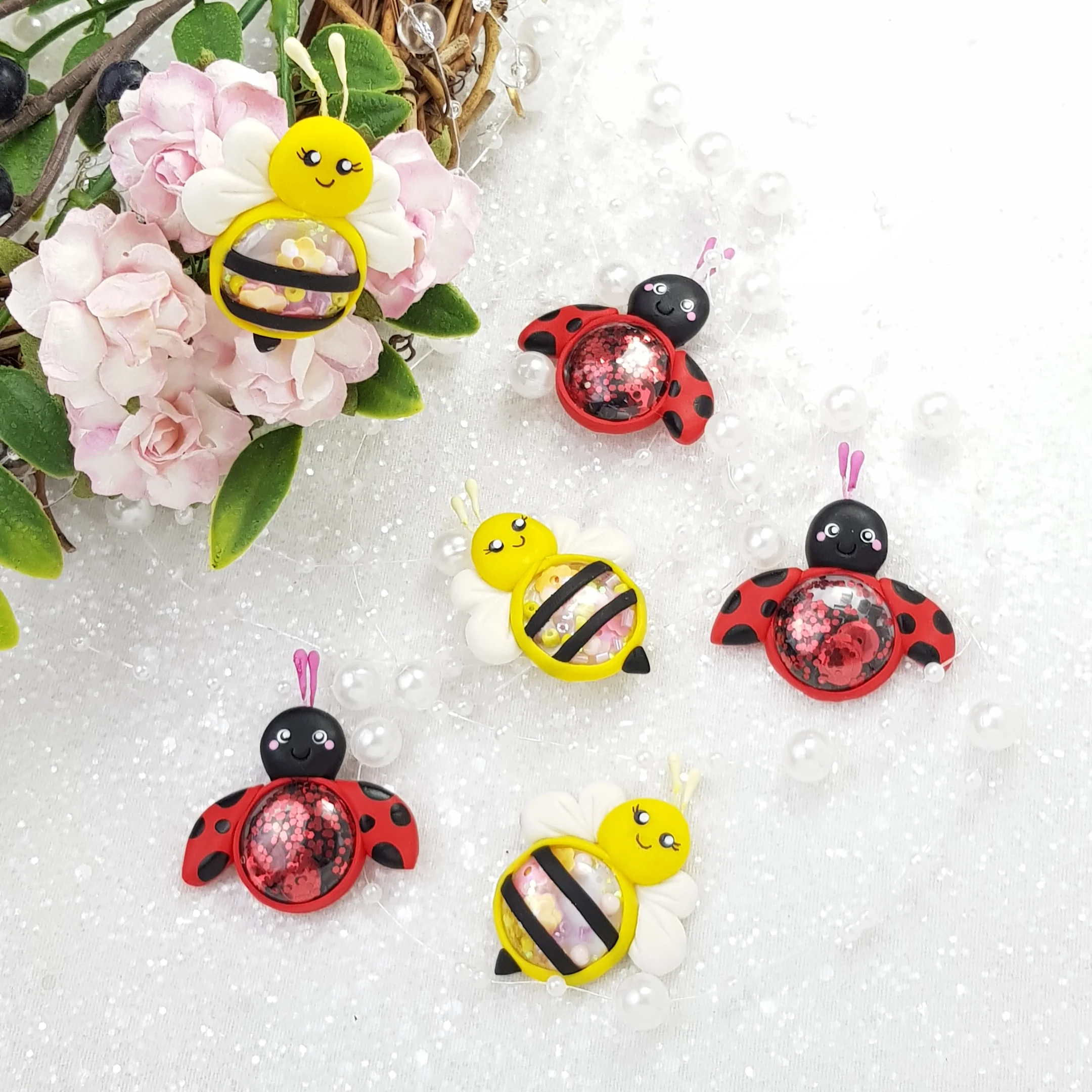 Bee and Ladybugs Shaker - Handmade Flatback Clay Bow Centre