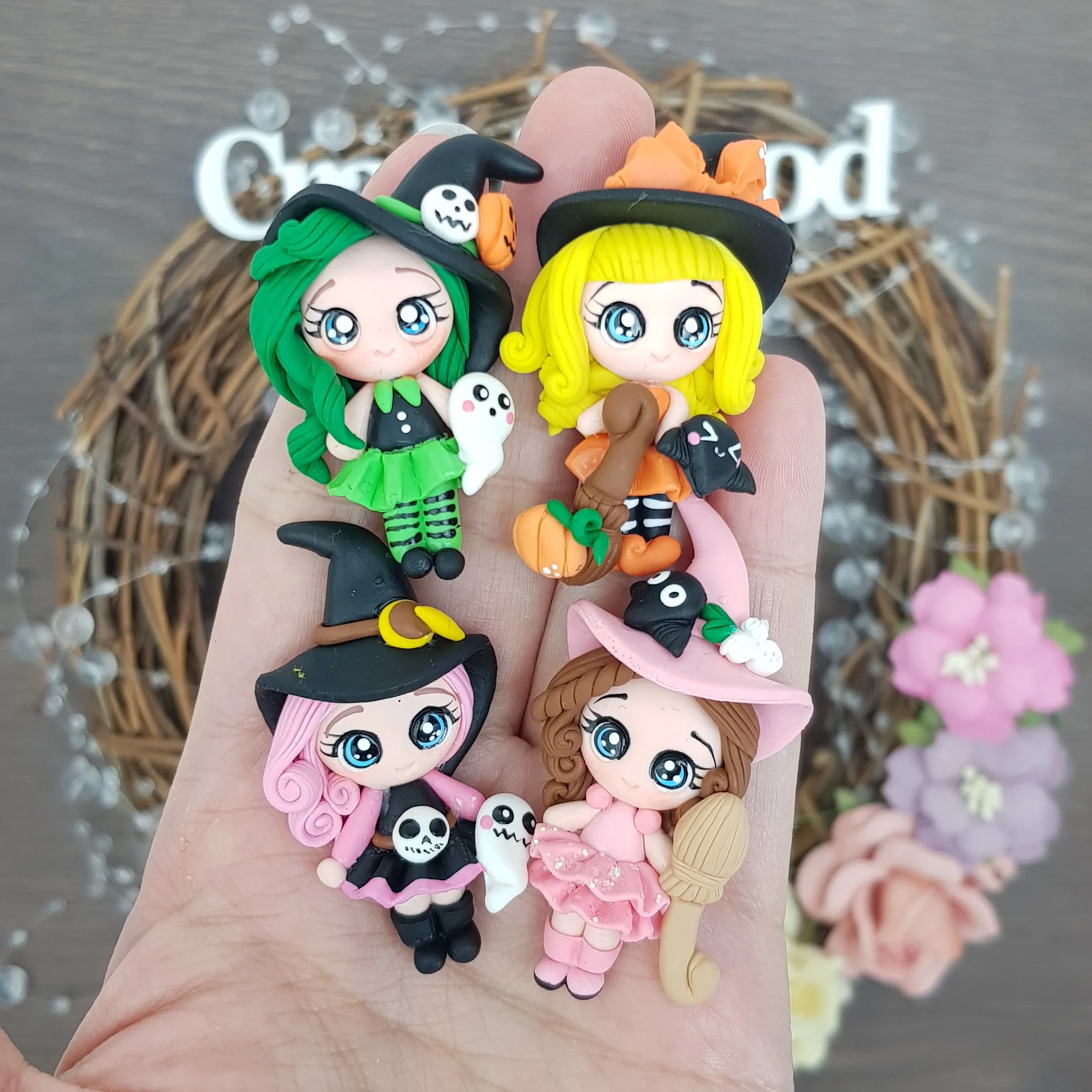 SALE Big eyes Halloween witch - Embellishment Clay Bow Centre