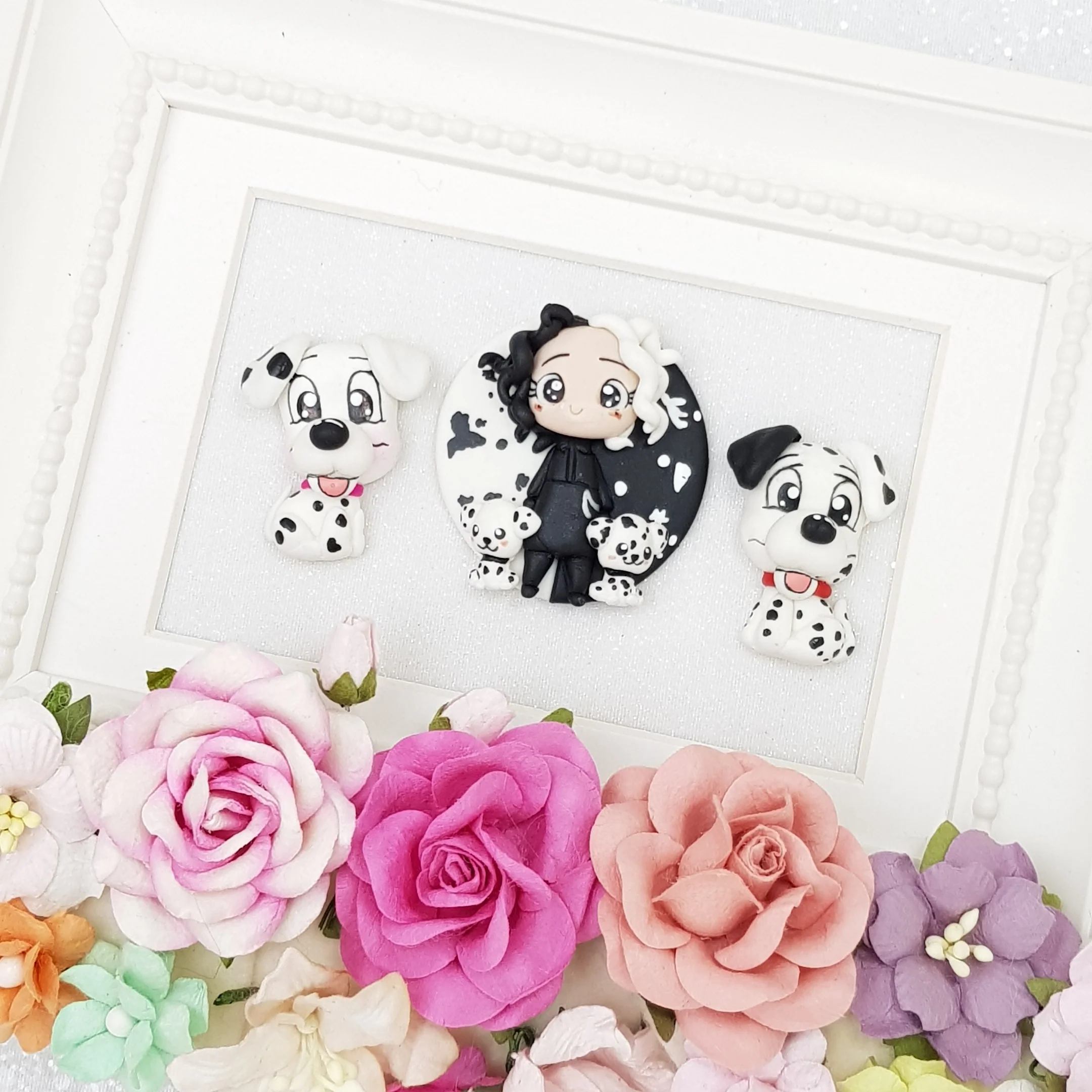 Black & white dogs and villain - Handmade Flatback Clay Bow Centre - Image 2