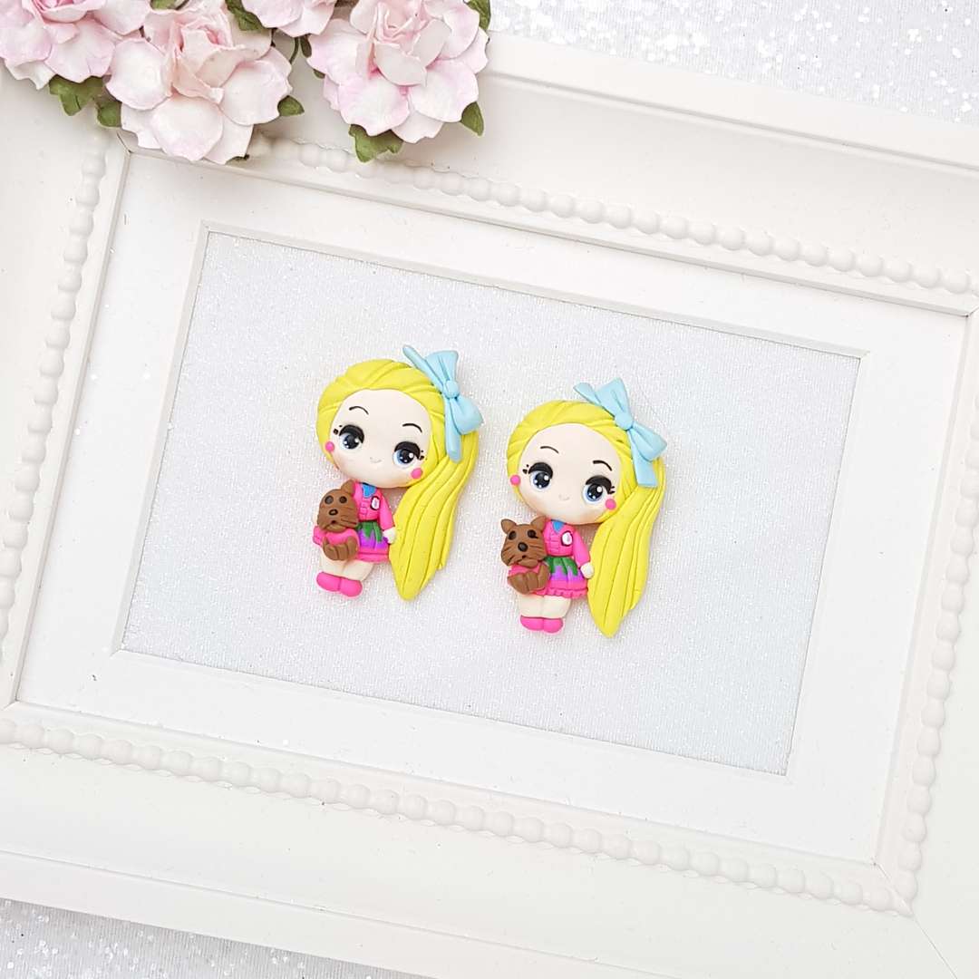Blue Bow Blonde Girl - Handmade Flatback Clay Bow Centre - Big Eyes