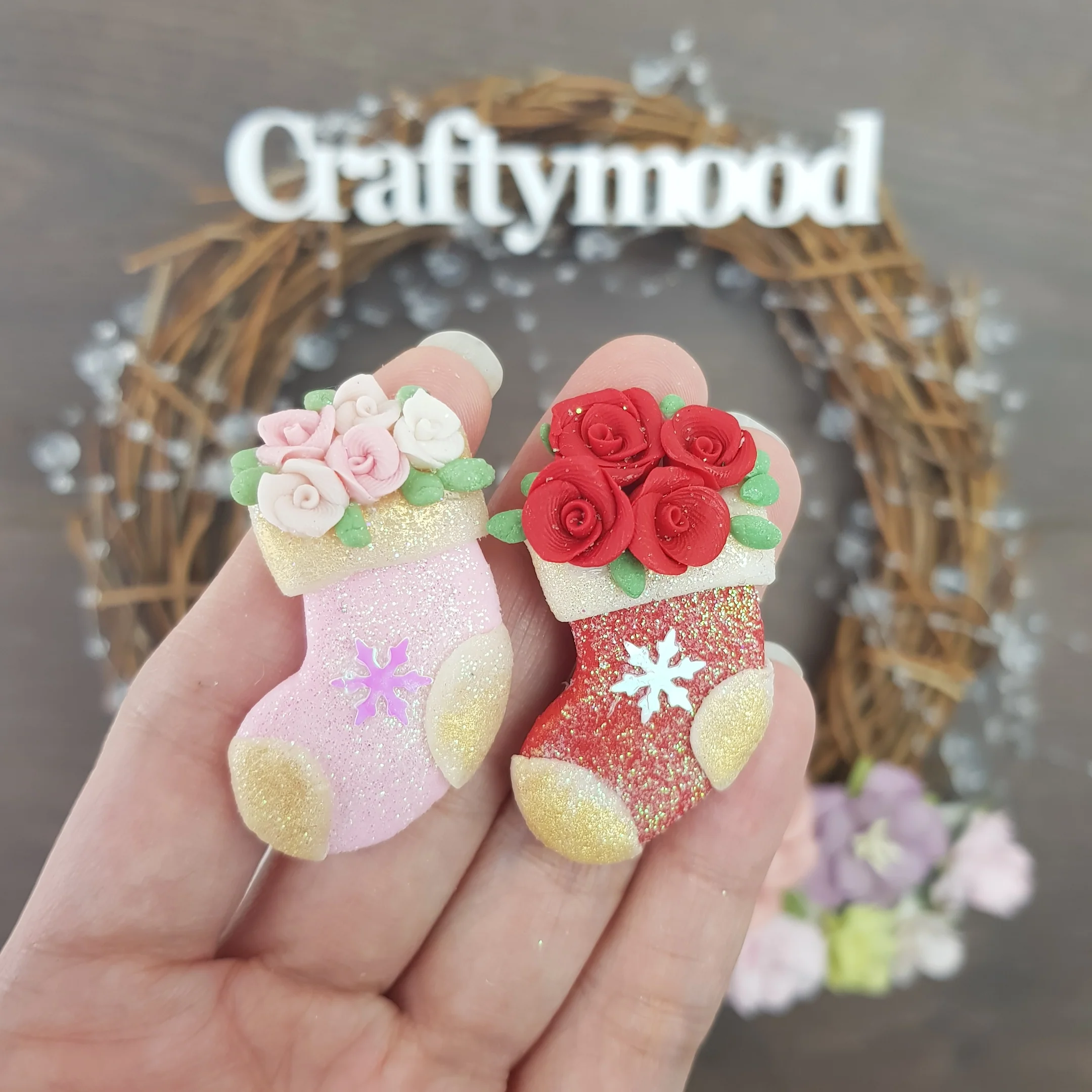 Christmas flowers sock - Handmade Flatback Clay Bow Centre