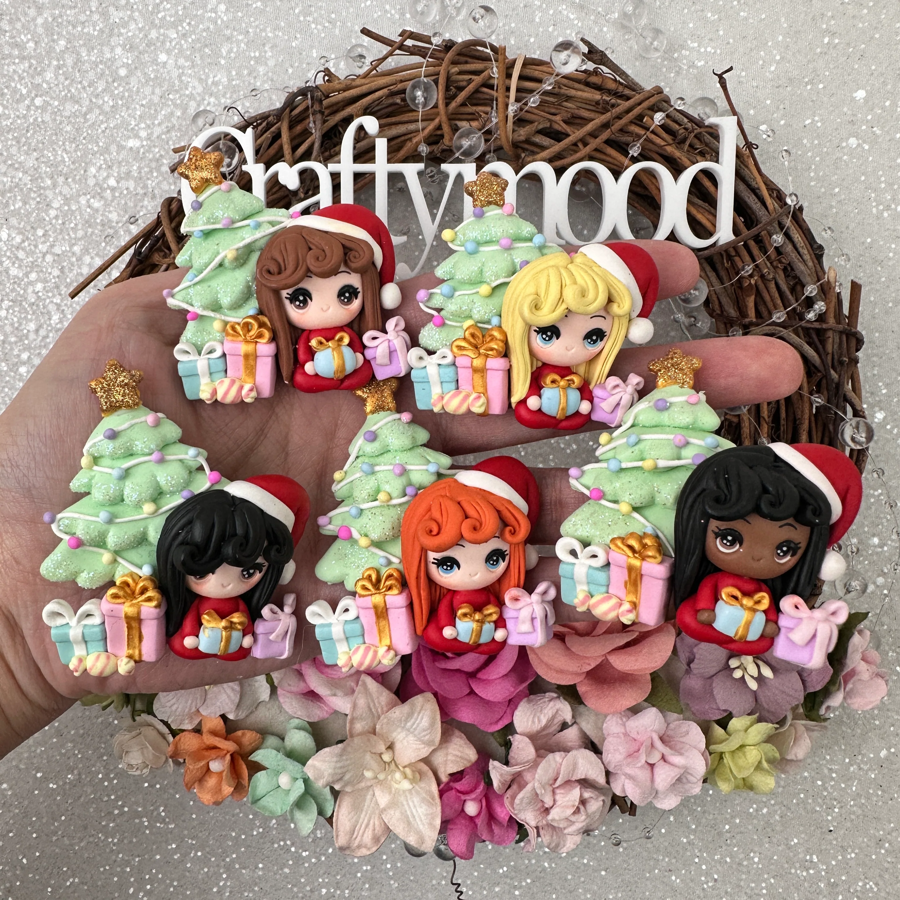 Christmas girl pajama and tree - Handmade Flatback Clay Bow Centre