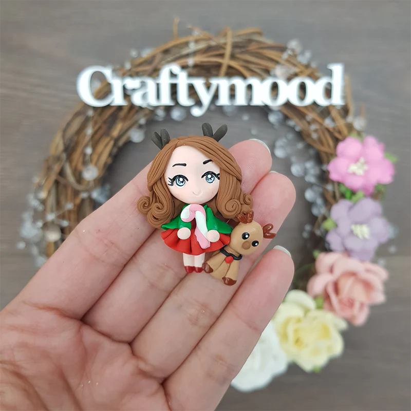 Christmas girl with deer - Handmade Flatback Clay Bow Centre