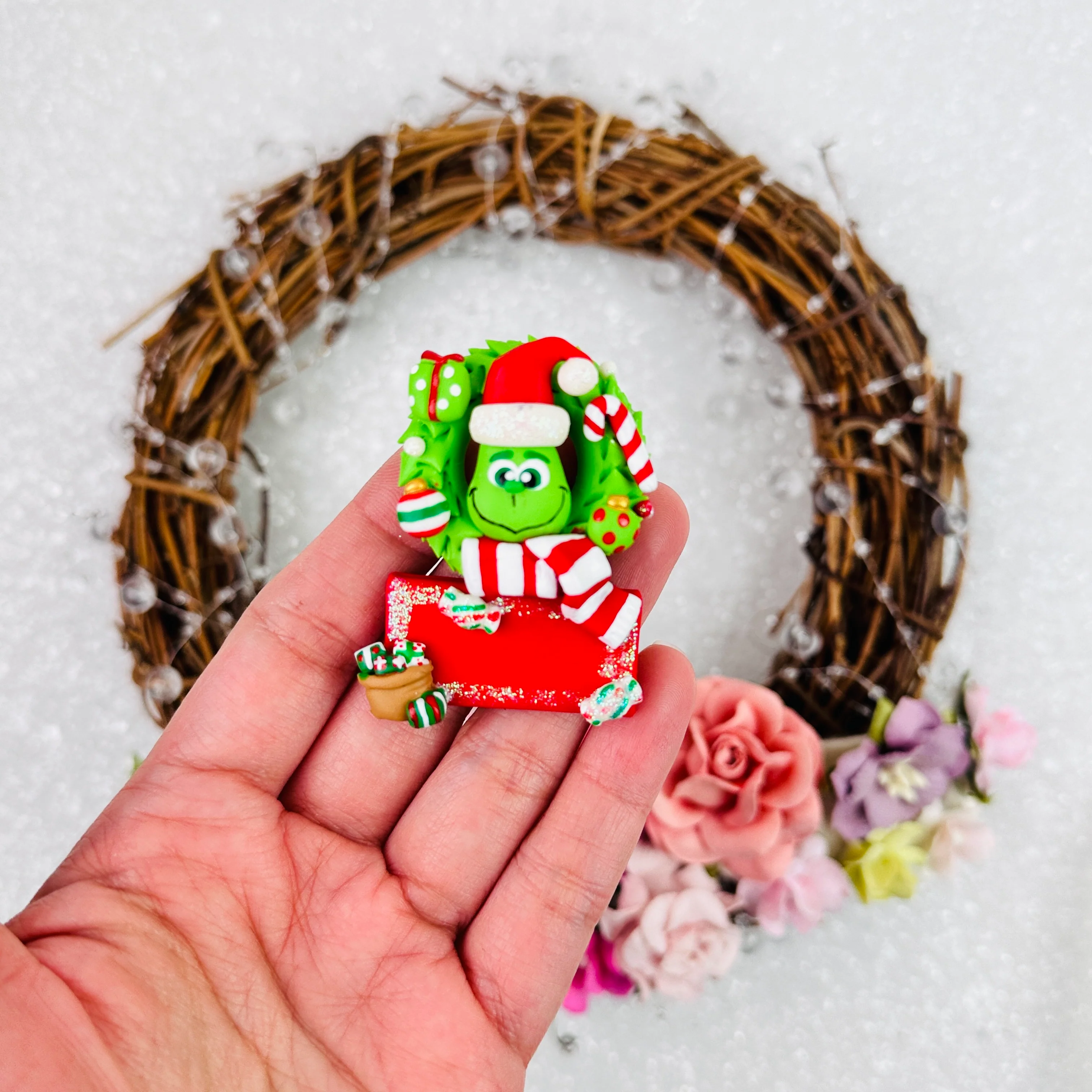 Christmas green monster villain plaque - Handmade Flatback Clay Bow Centre