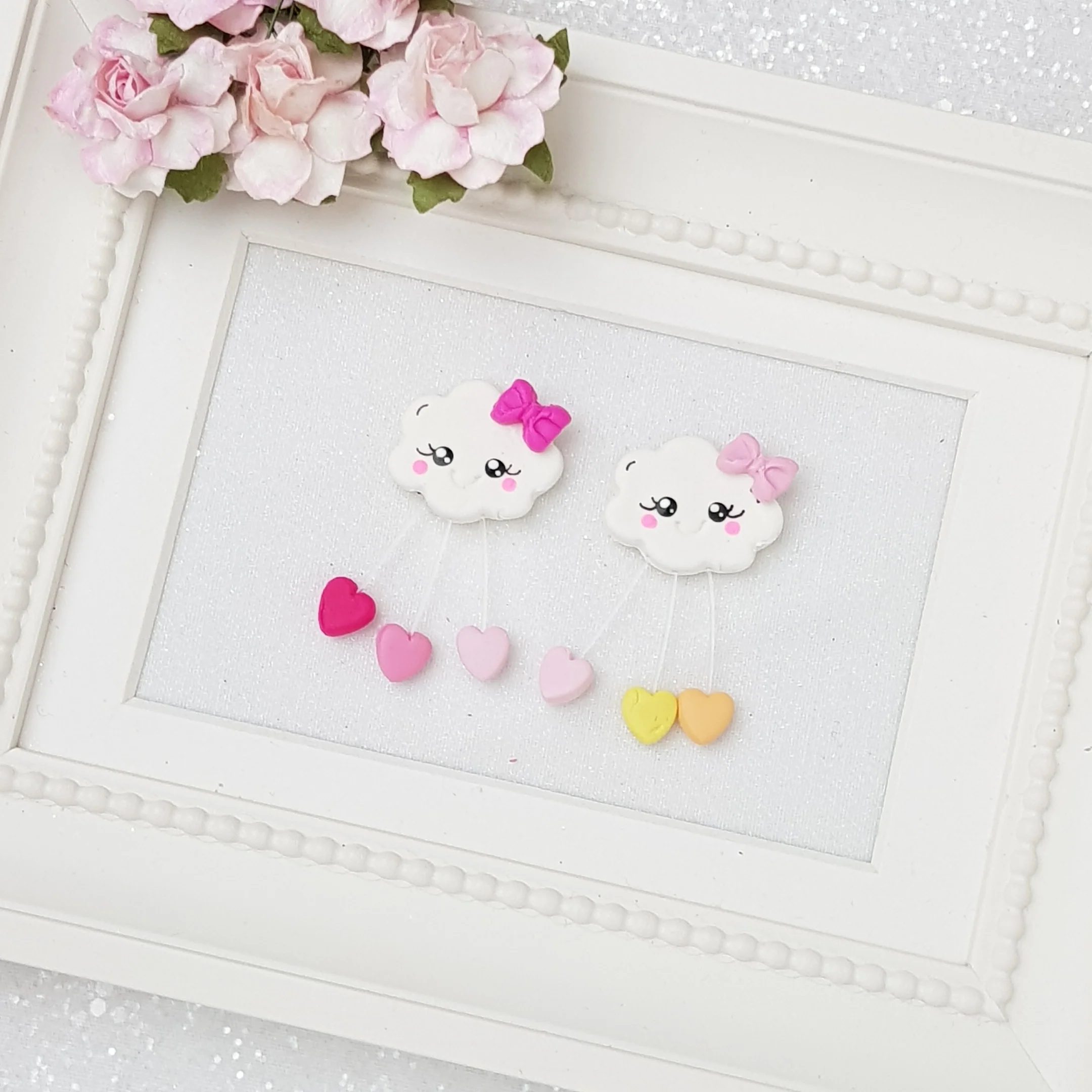 Cloud with love droplets - Handmade Flatback Clay Bow Centre