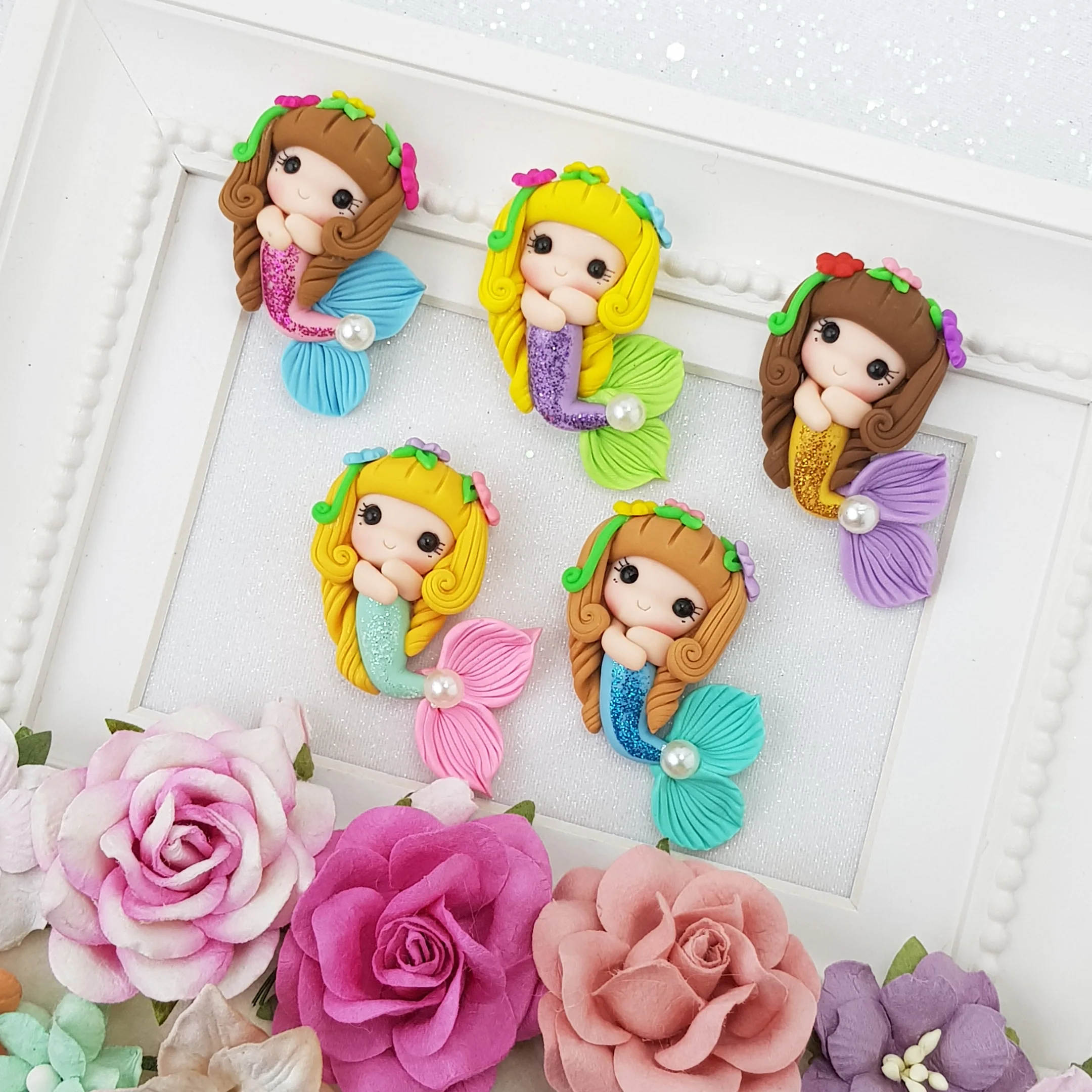 Colourful Spring Mermaid - Handmade Flatback Clay Bow Centre - Image 2