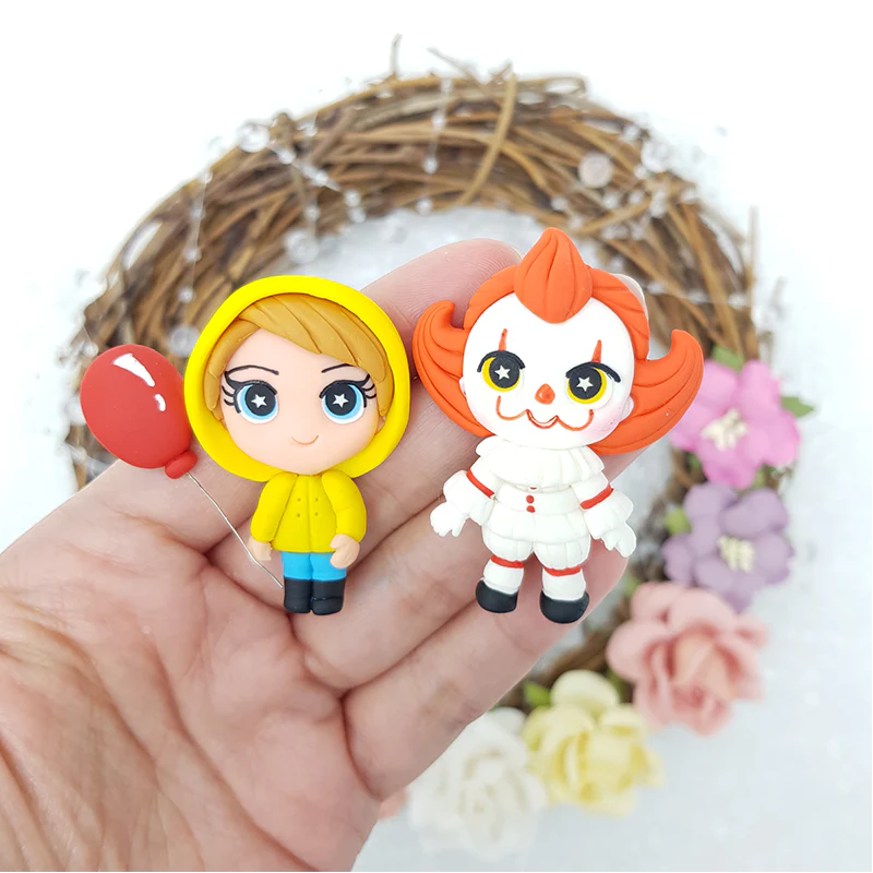Creepy clown and boy - Handmade Flatback Clay Bow Centre