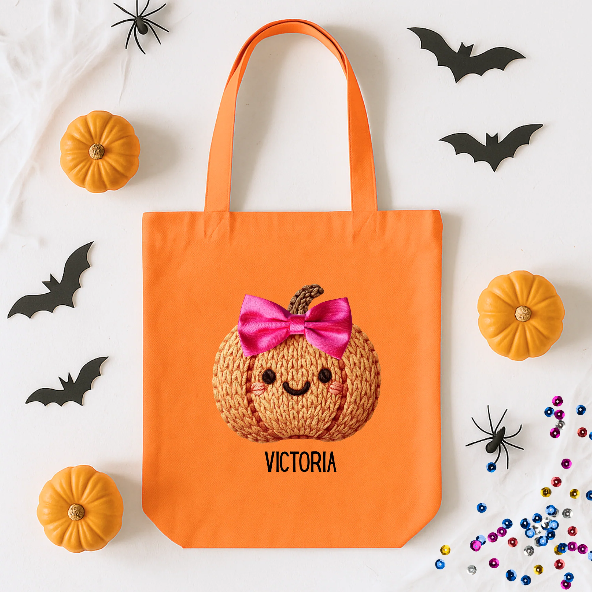 Custom DTF Transfer - Cute knitted orange pumpkin pink bow personalised - DTF ready to press - Image 2