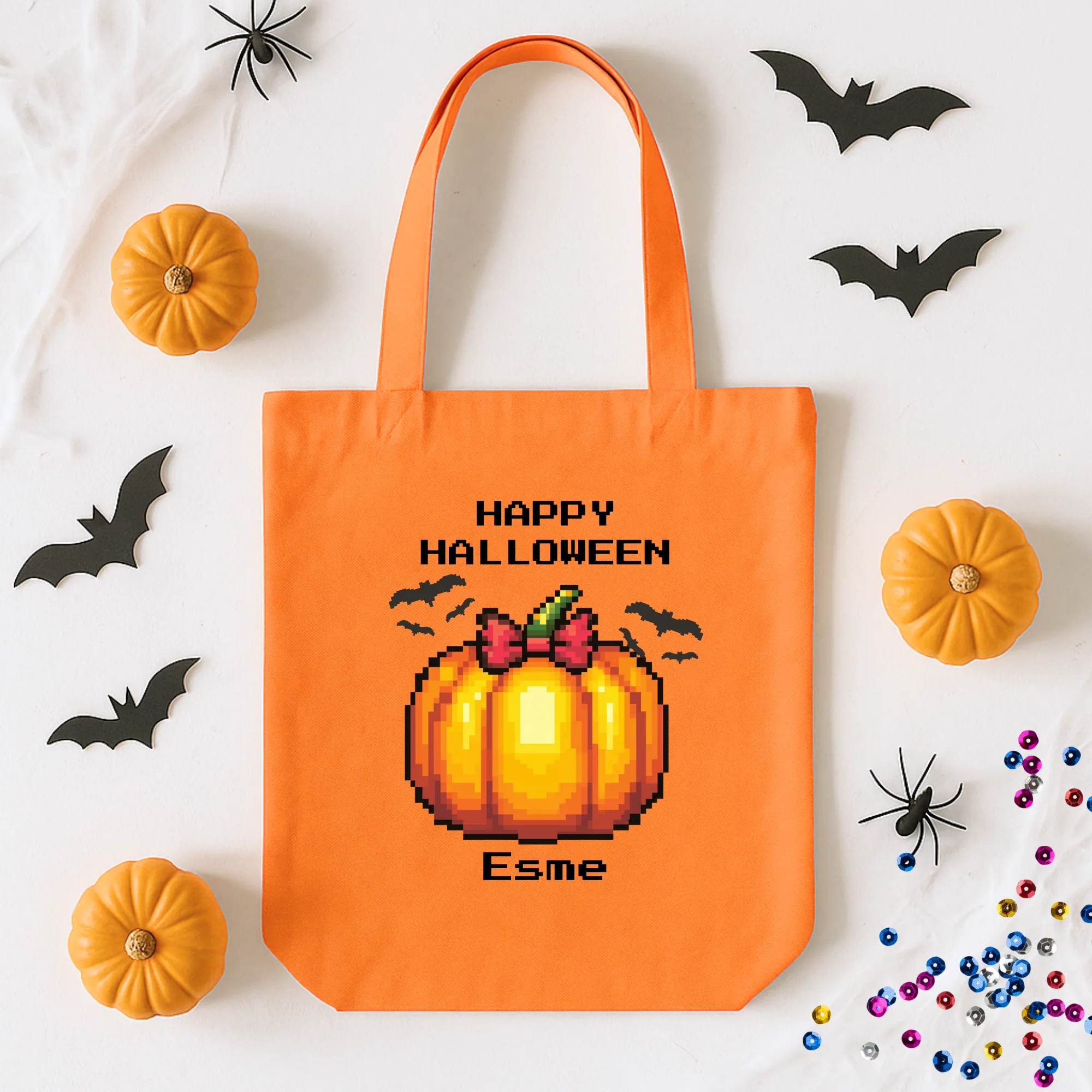 Custom DTF Transfer - Pixel orange pumpkin Halloween pink bow personalised - DTF ready to press - Image 2