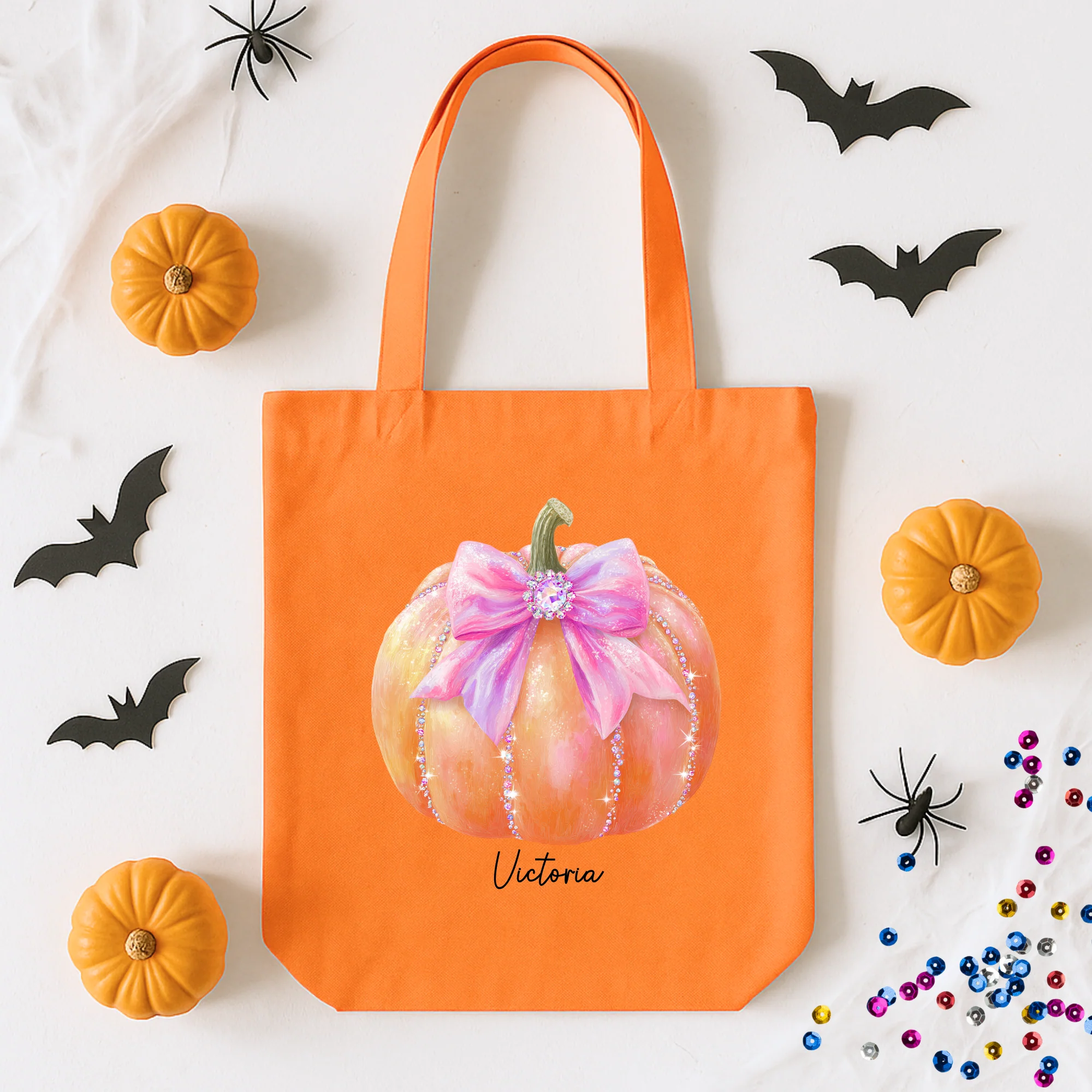 Custom DTF Transfer - Sparkling orange pumpkin pink bow personalised - DTF ready to press - Image 2
