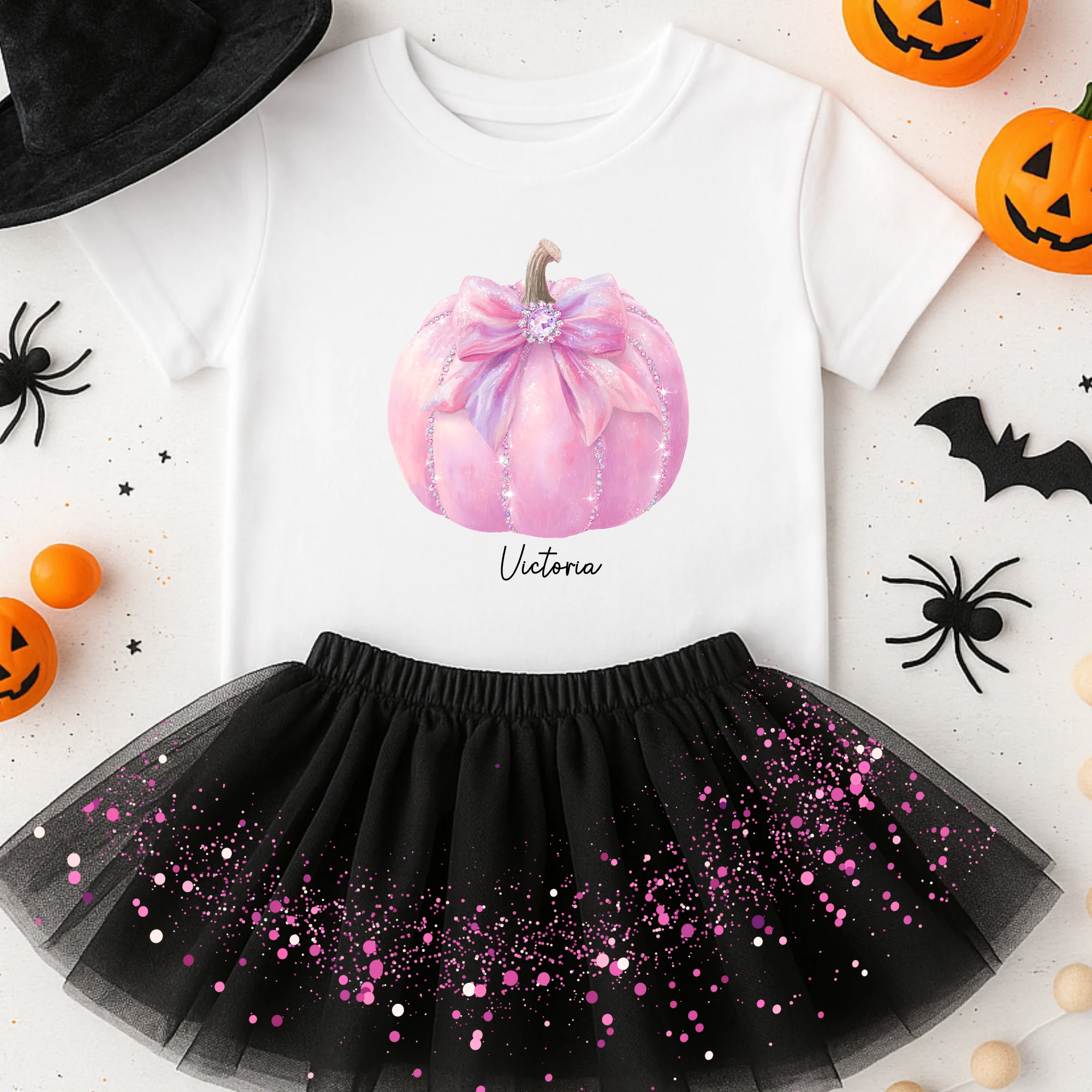 Custom DTF Transfer - Sparkling pink pumpkin pink bow personalised - DTF ready to press