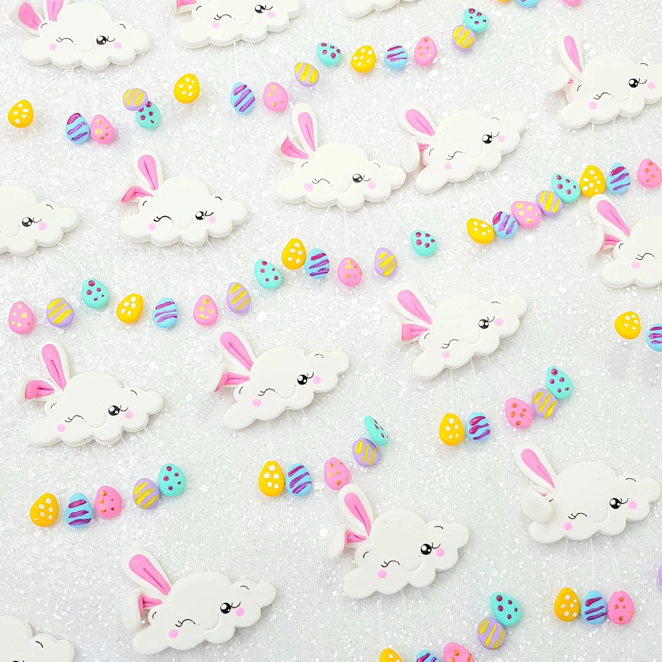 Cute Bunny Easter Clouds - Handmade Flatback Clay Bow Centre