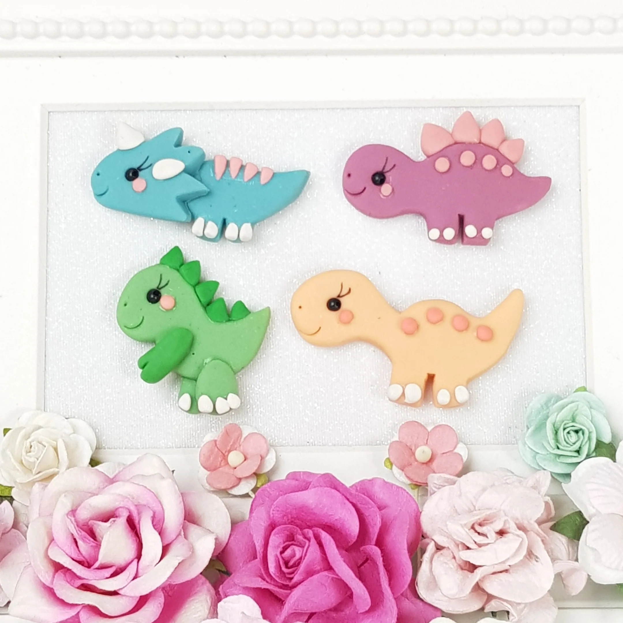 Cute Dinos Gang - Handmade Flatback Clay Bow Centre