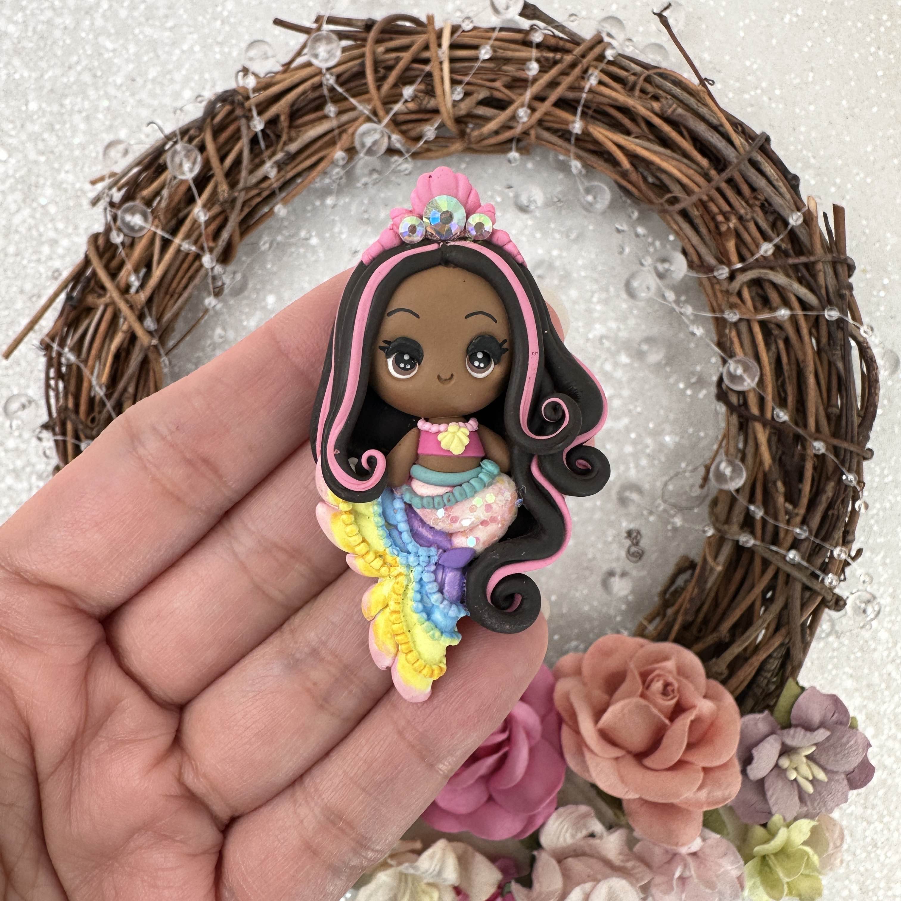 Cute Little Brownie Mermaid Handmade Flatback Clay Bow Centre