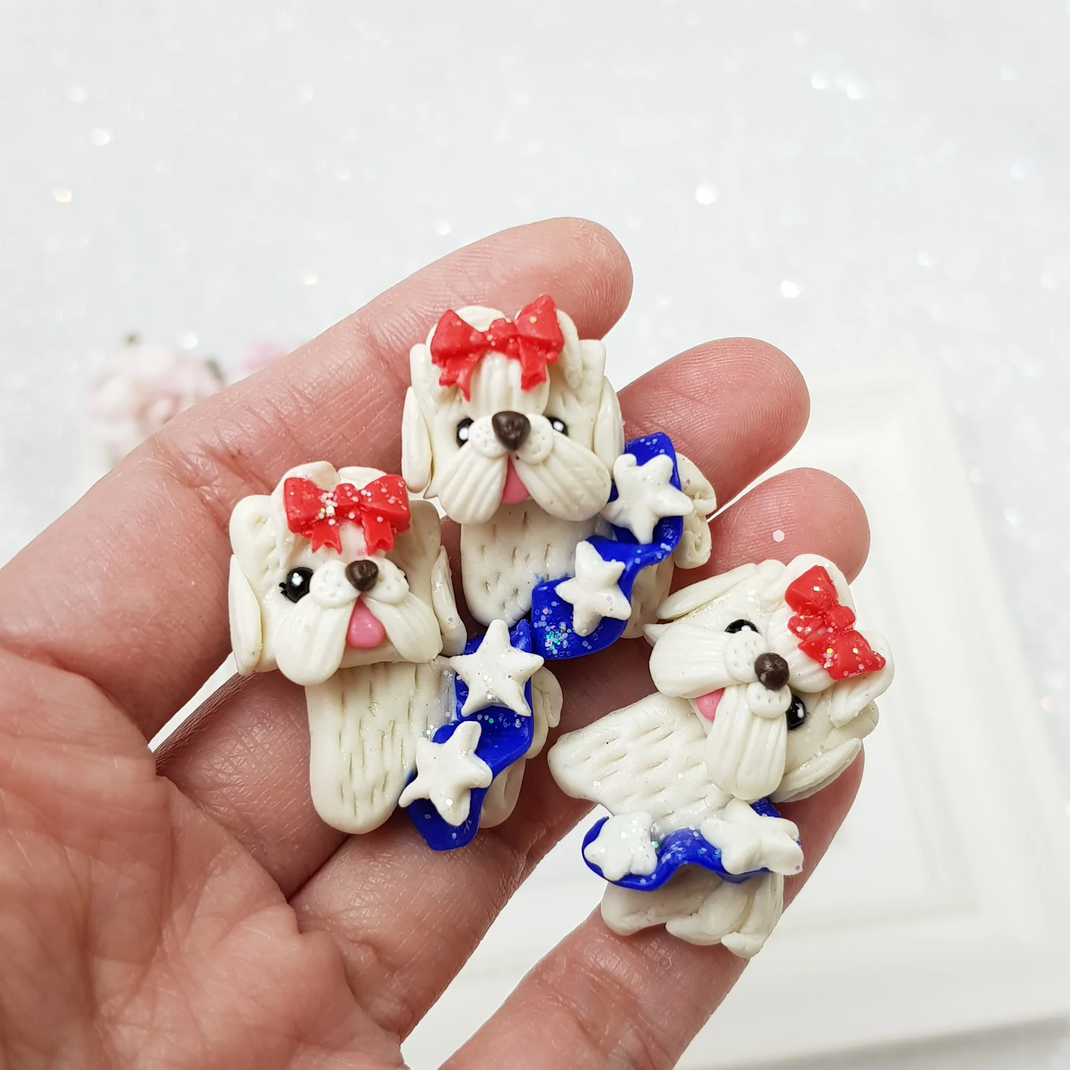 Cute white dogs with bow - Handmade Flatback Clay Bow Centre - Image 2