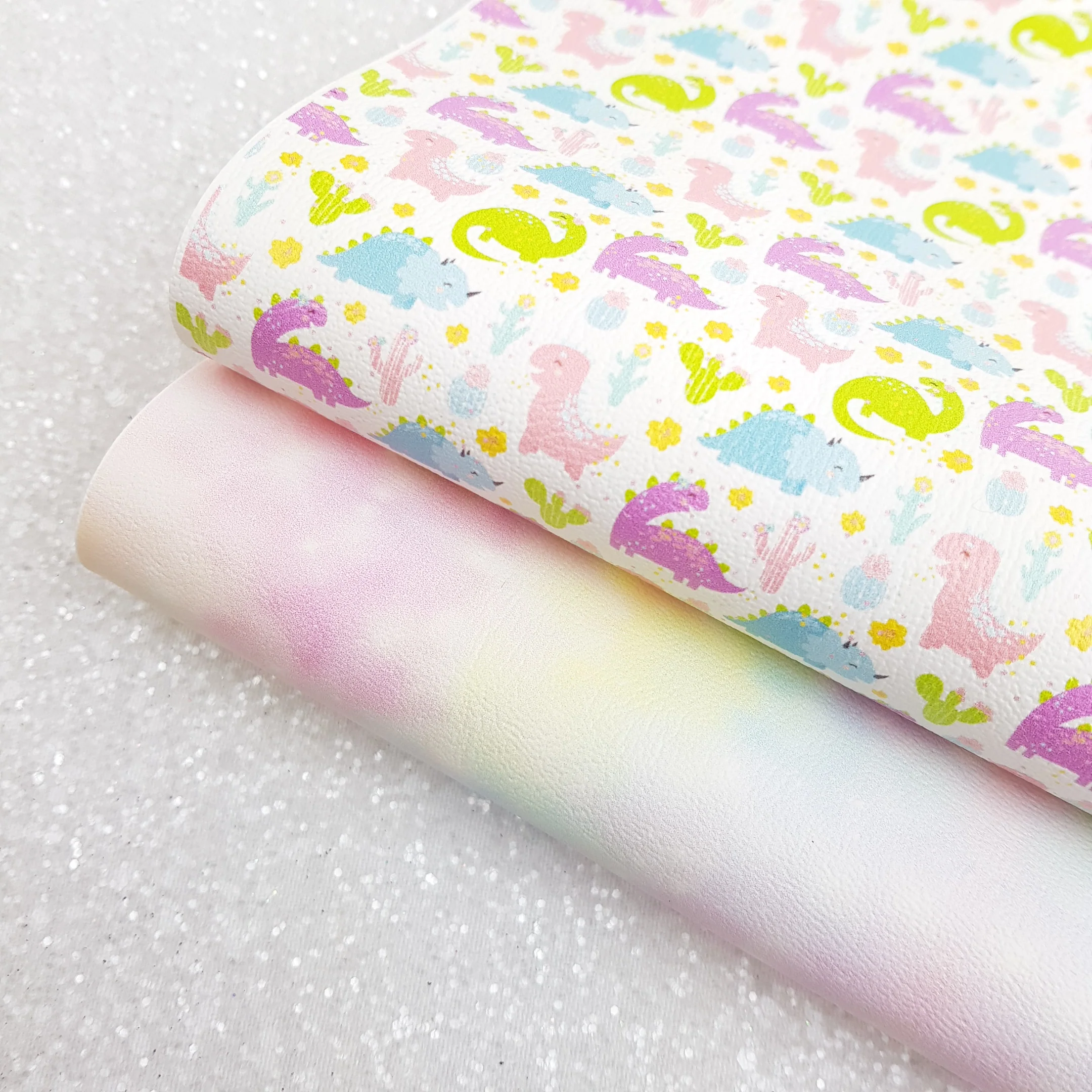 Dinosaur pastel rainbow - Pu faux Leather vinyl - canvas - choose Fabric material Sheets