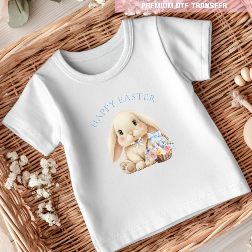 DTF Transfer - cute cream bunny - blue ribbon - Easter - DTF ready to press