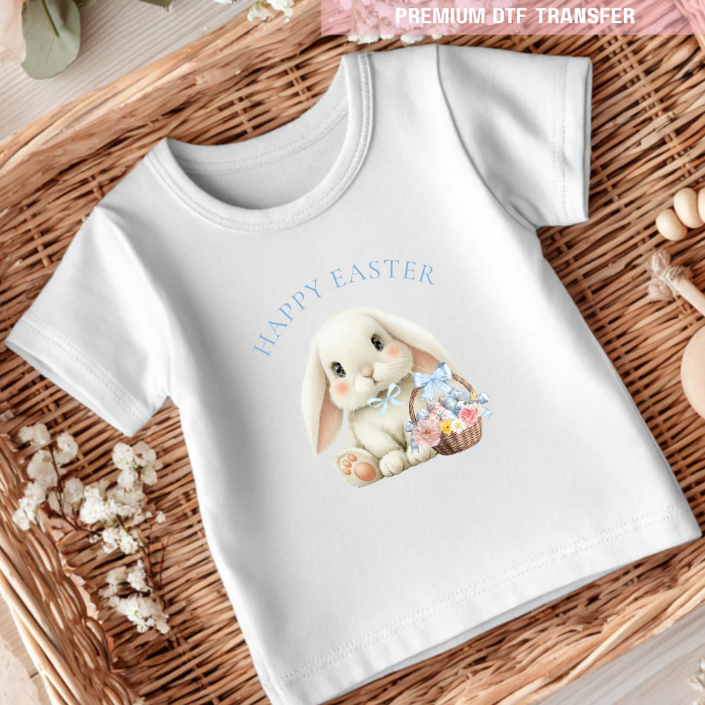 DTF Transfer - cute white bunny - blue ribbon - Easter - DTF ready to press