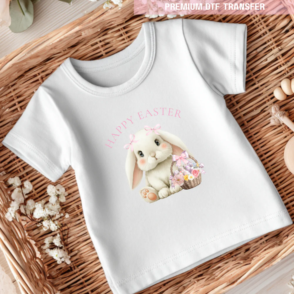DTF Transfer - cute white bunny - pink clip ribbon - Easter - DTF ready to press