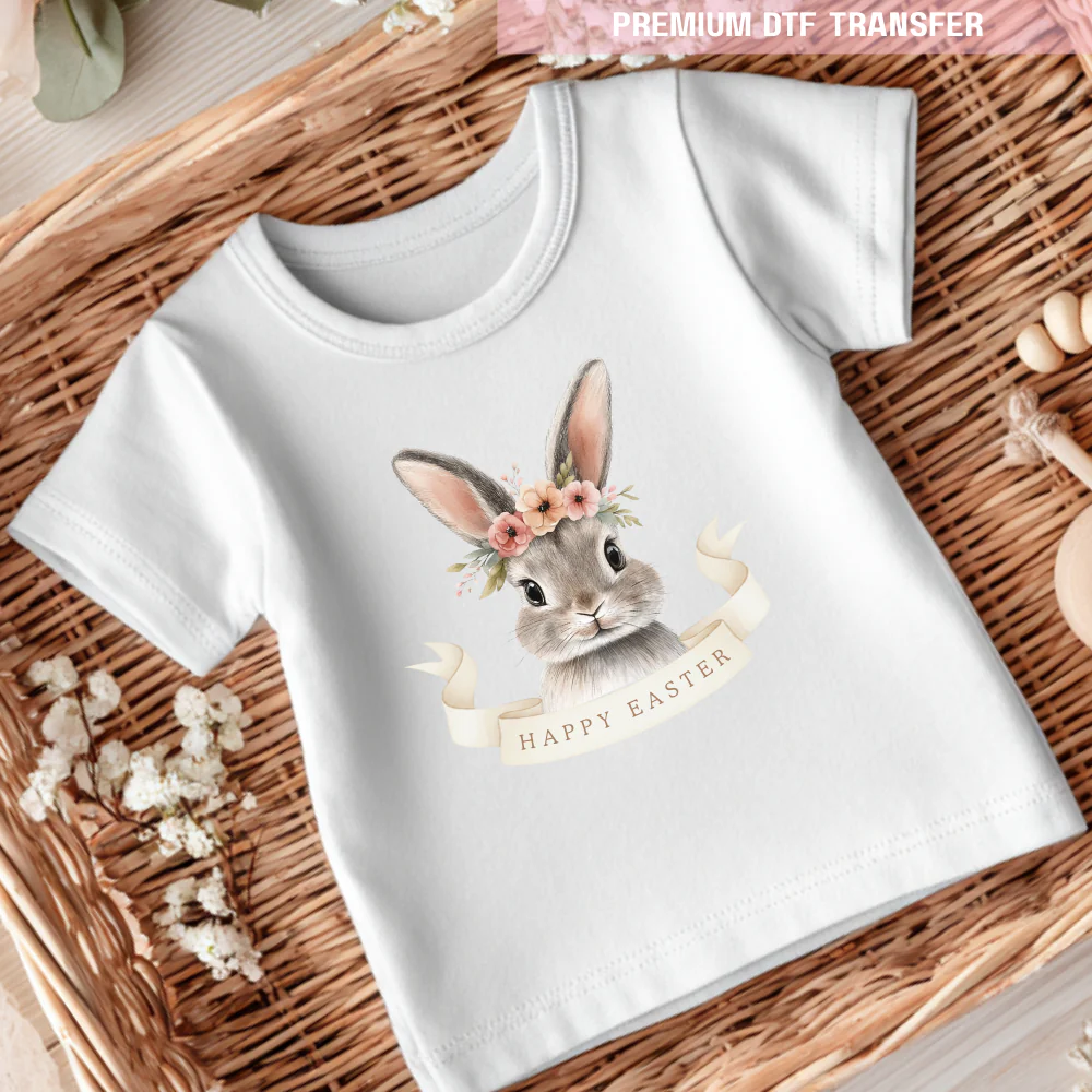 DTF Transfer - gray rabbit - pink - Easter - DTF ready to press