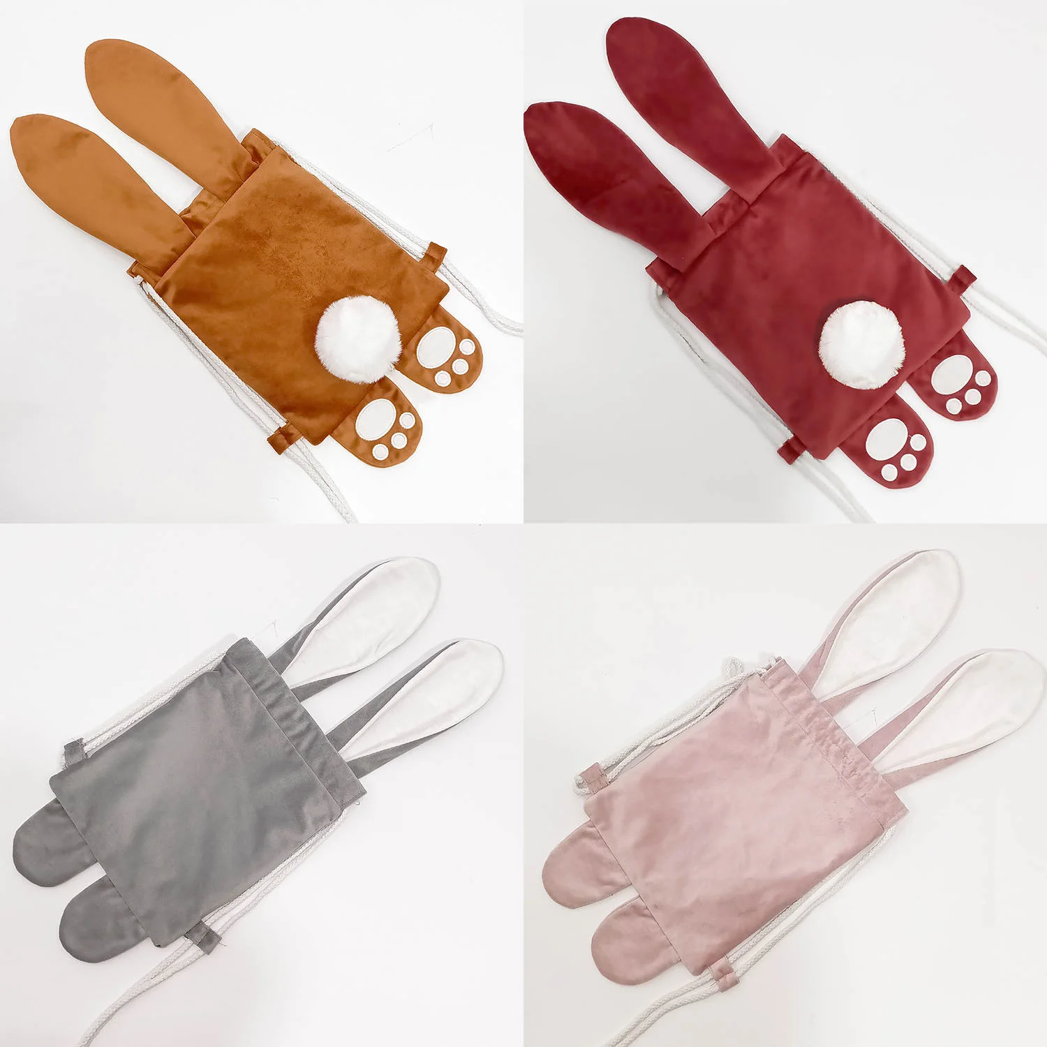 Easter bunny rabbit velvet backpack drawstring pom pom tail - Plain