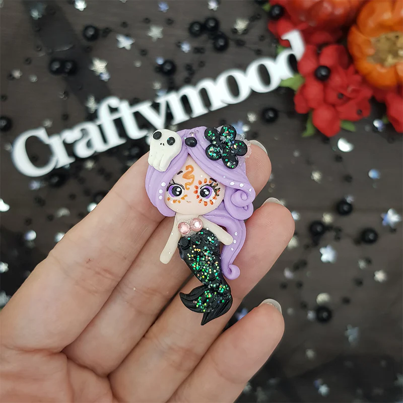 Festive Halloween mermaid - Handmade Flatback Clay Bow Centre