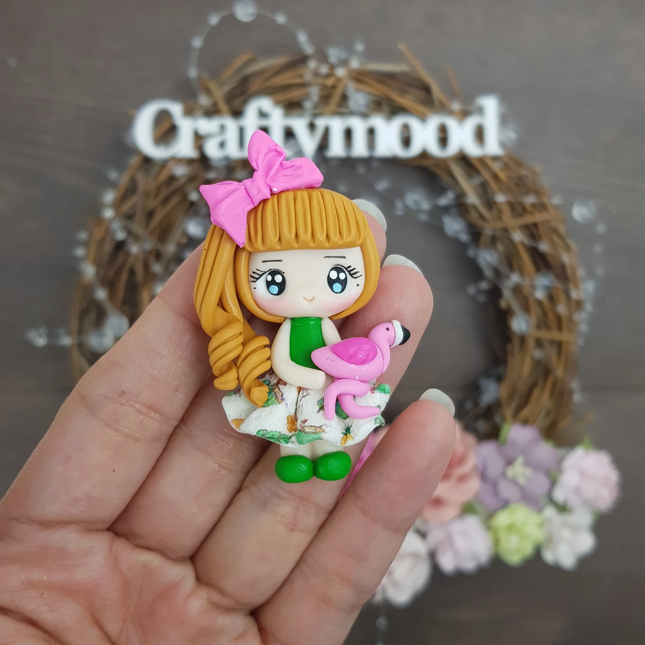 Flamingo girl - Handmade Flatback Clay Bow Centre