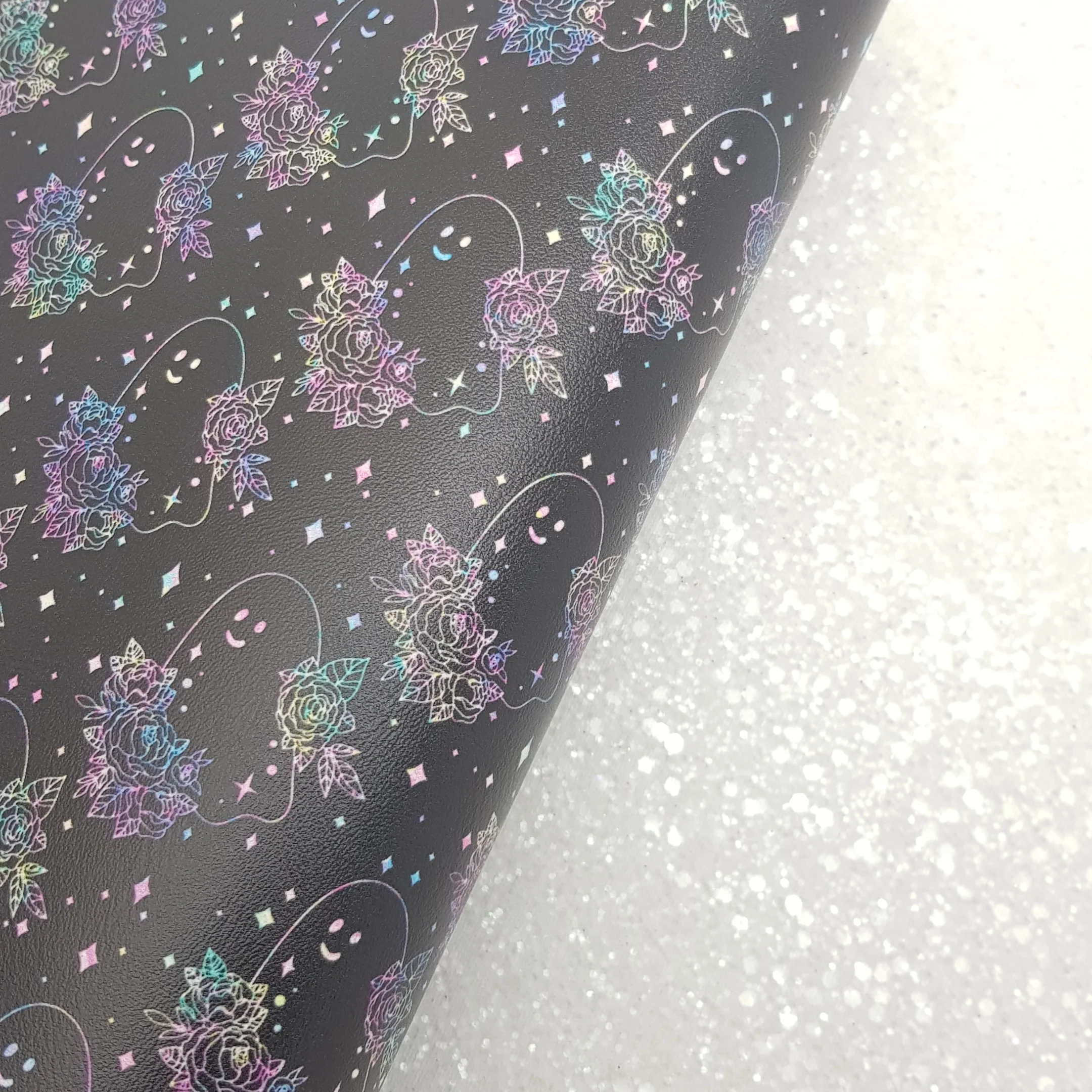 floral ghost halloween - vegan Leather vinyl - canvas - choose Fabric material Sheets - Image 3
