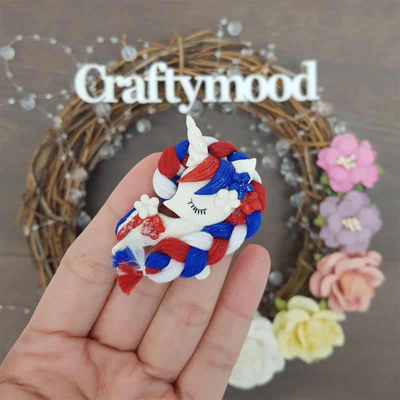 Fluffy hair red blue white unicorn - Embellishment Clay Bow Centre