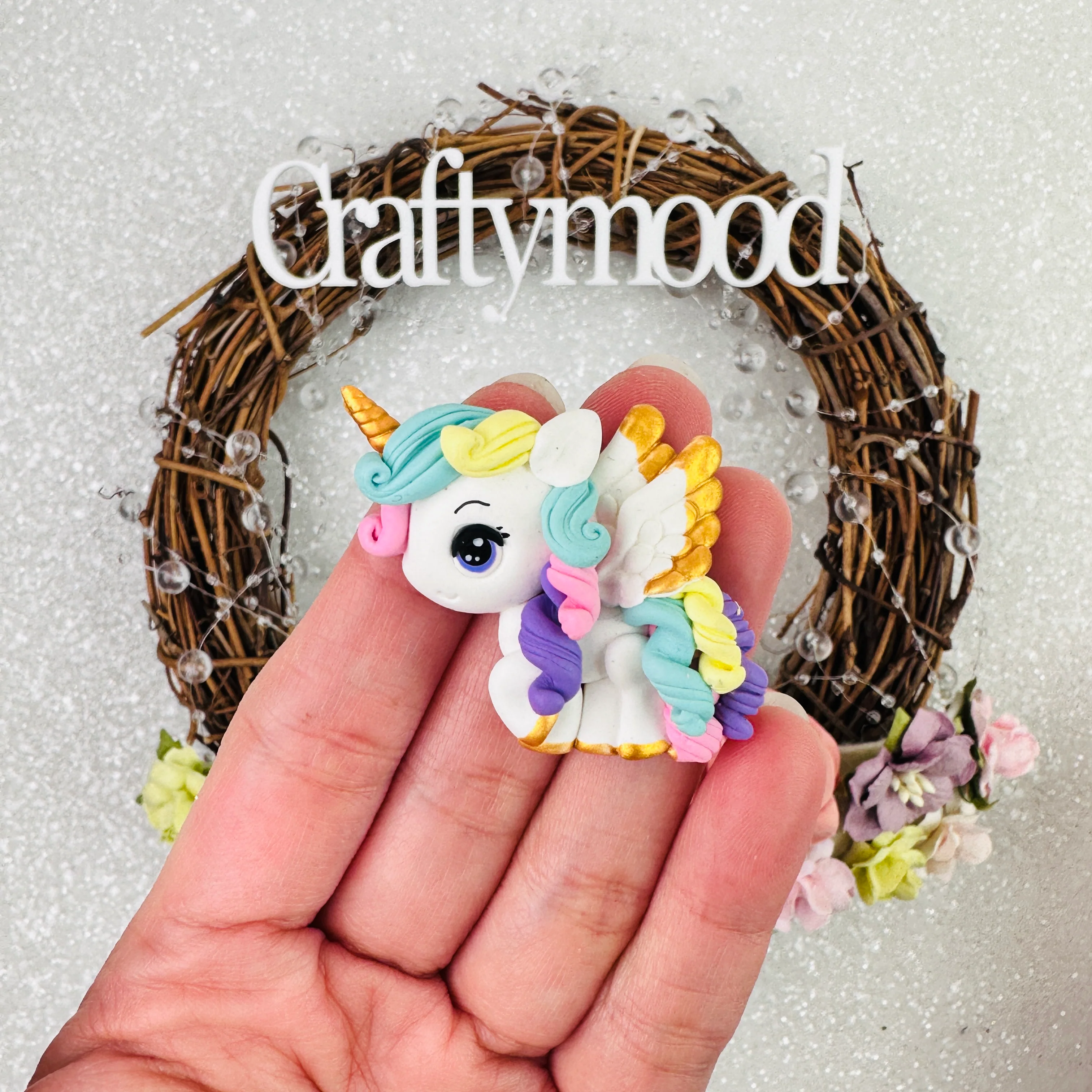 Flying rainbow unicorn - Handmade Flatback Clay Bow Centre