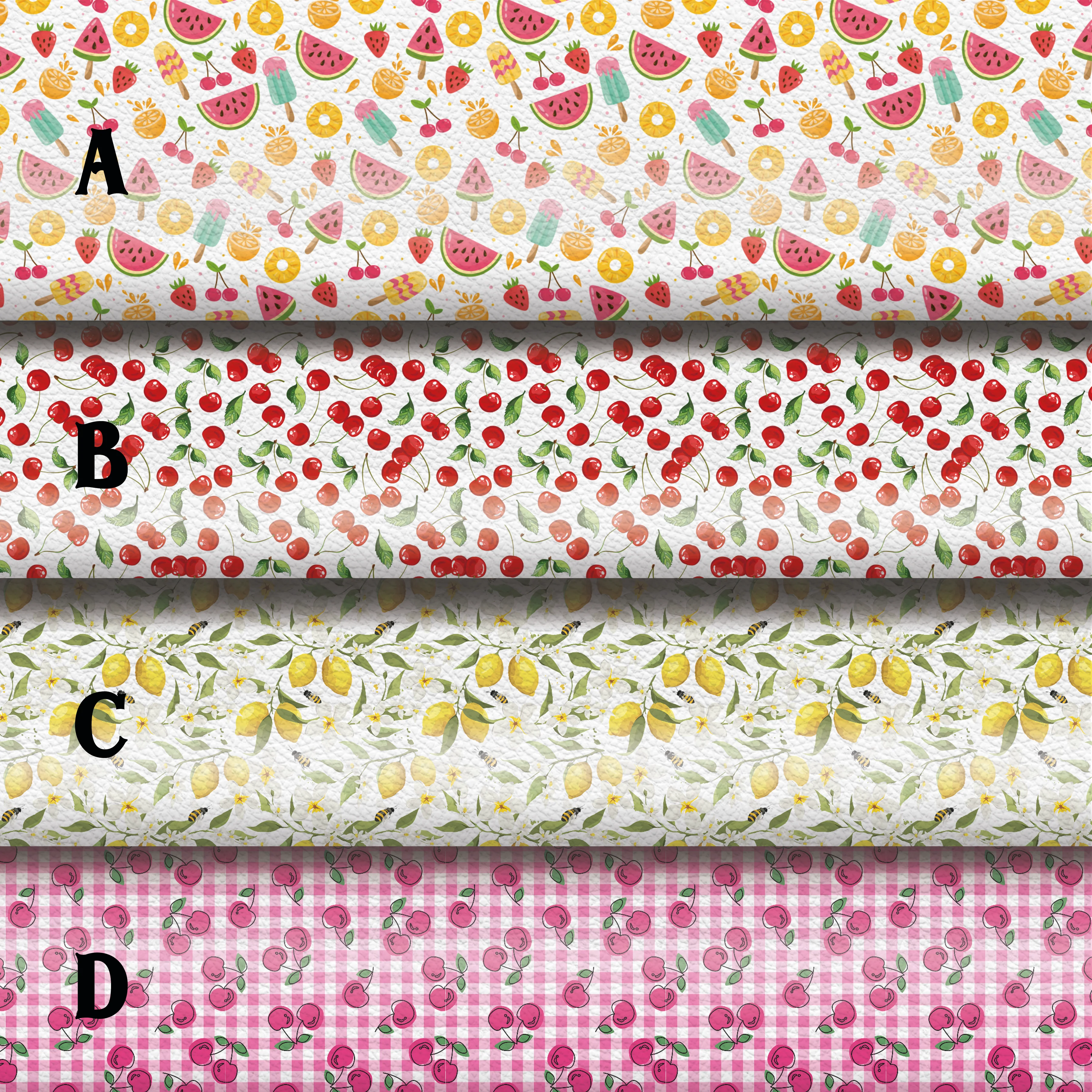 Fruits watermelon lemon cherry - faux Pu Leather vinyl - canvas - choose Fabric material Sheets