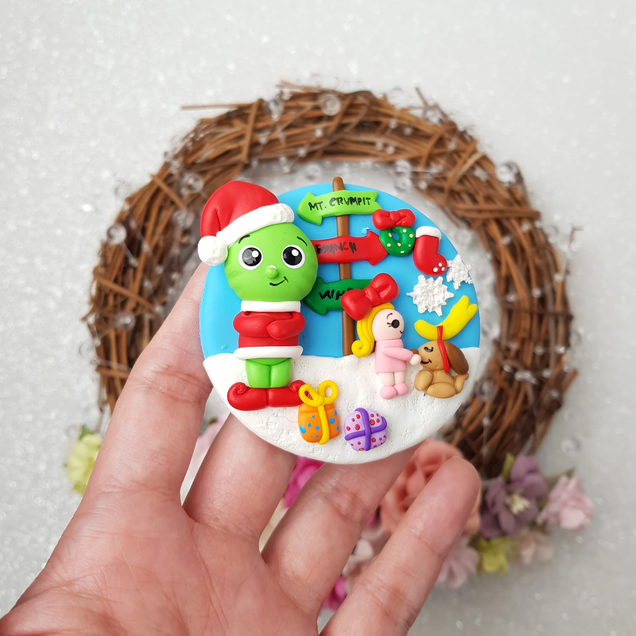 Green monster Christmas village cameo - Handmade Flatback Clay Bow Centre