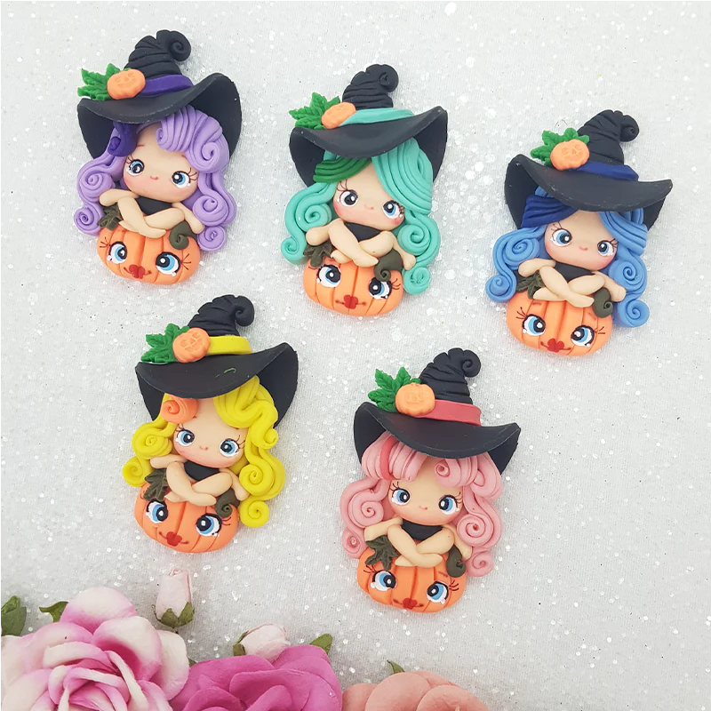 Halloween pumpkin witch - set of 5 - Embellishment Clay Bow Centre - Image 2