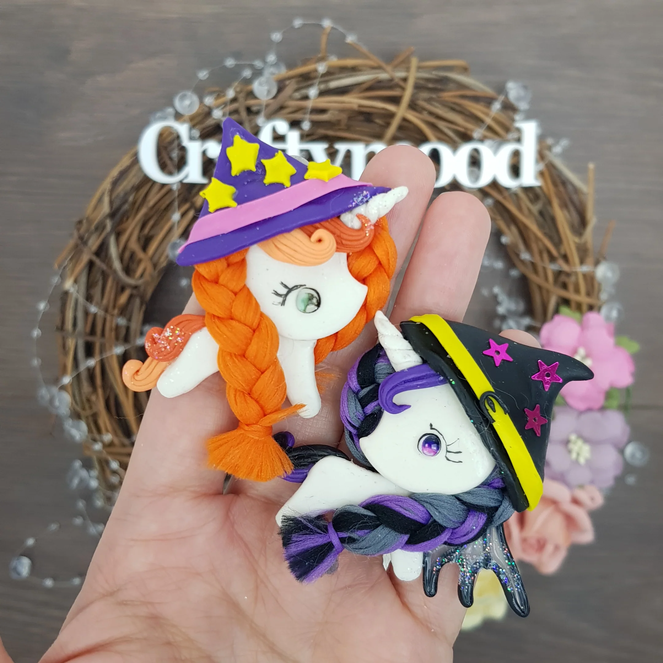 Halloween unicorn witch - Handmade Flatback Clay Bow Centre